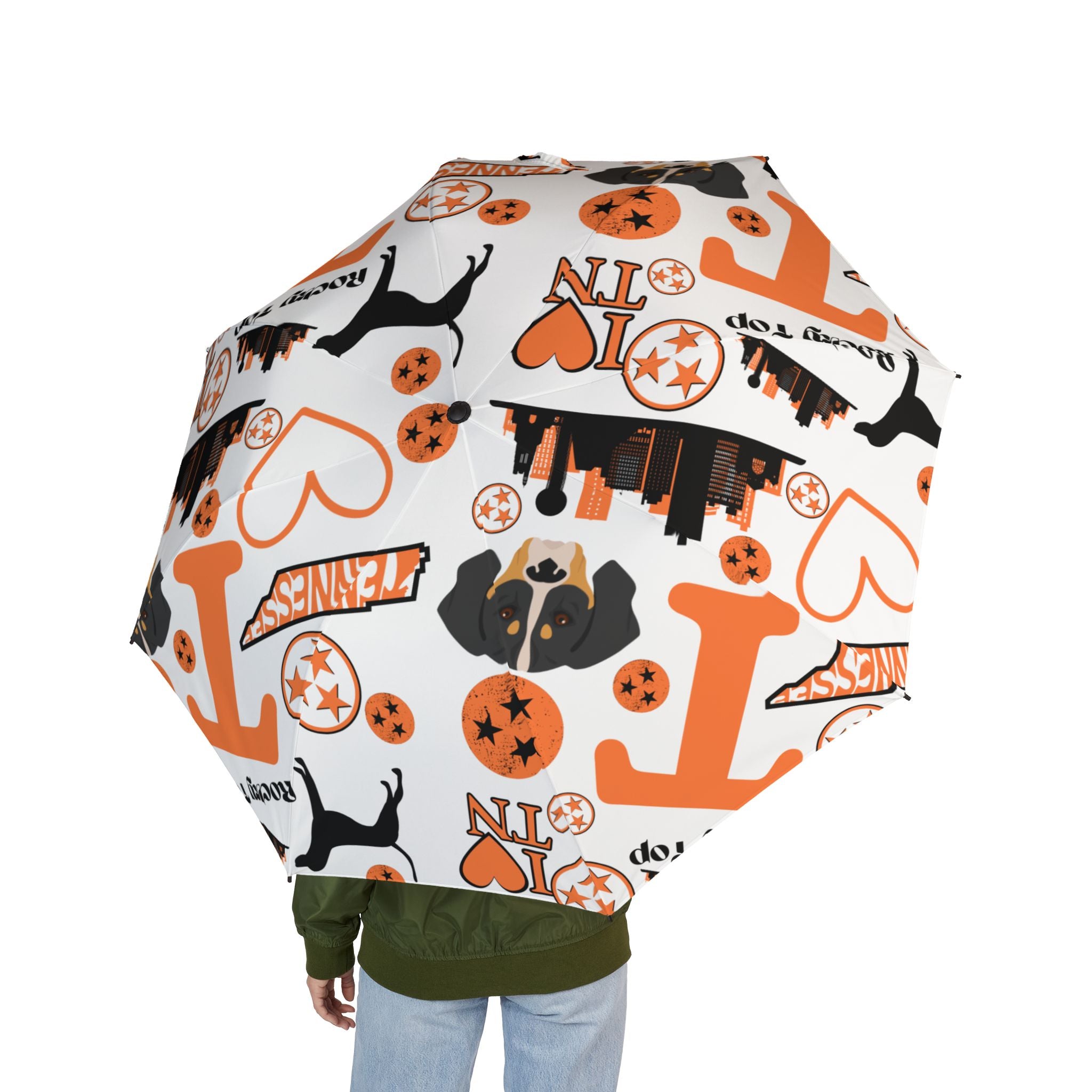 TN Vol lover Foldable Umbrella — Orange Black Pattern, Semi-Automatic Travel Umbrella