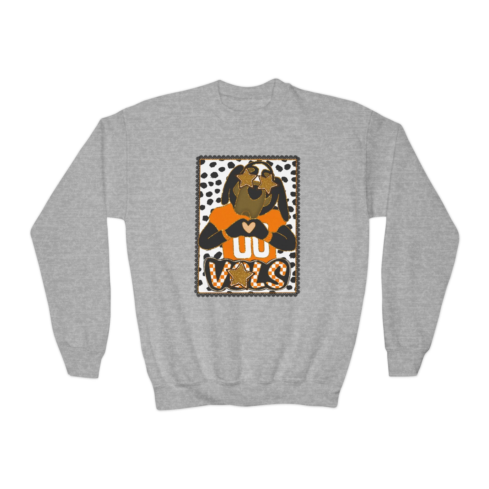 Youth Crewneck Sweatshirt — Cheerful Mascot ‘Go Vols’ Leopard Print Kids Pullover