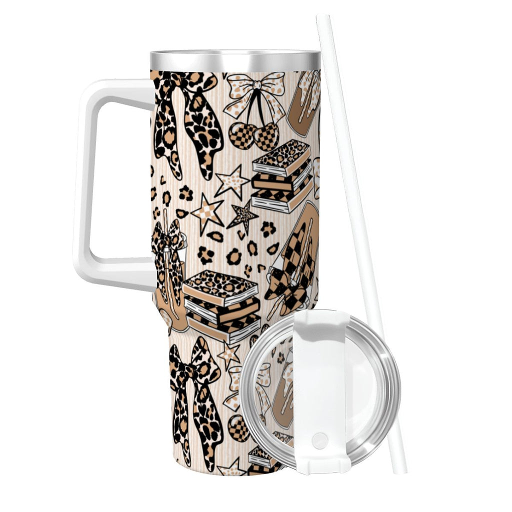 Travel Coffee Mug with Handle and Straw (40oz) BowsBooksCoffeeCheetah