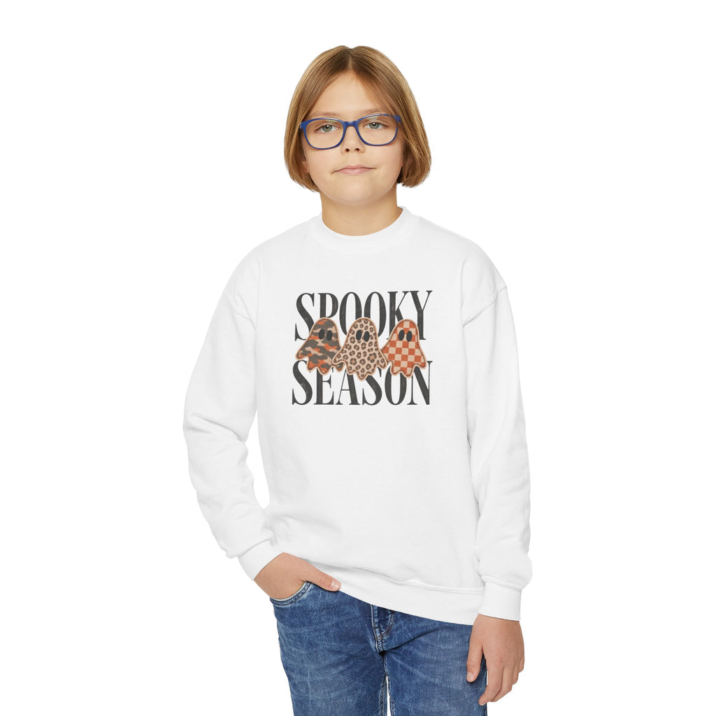 Youth Crewneck Sweatshirt — "Spooky Season" Halloween Ghosts with Leopard & Plaid Accents