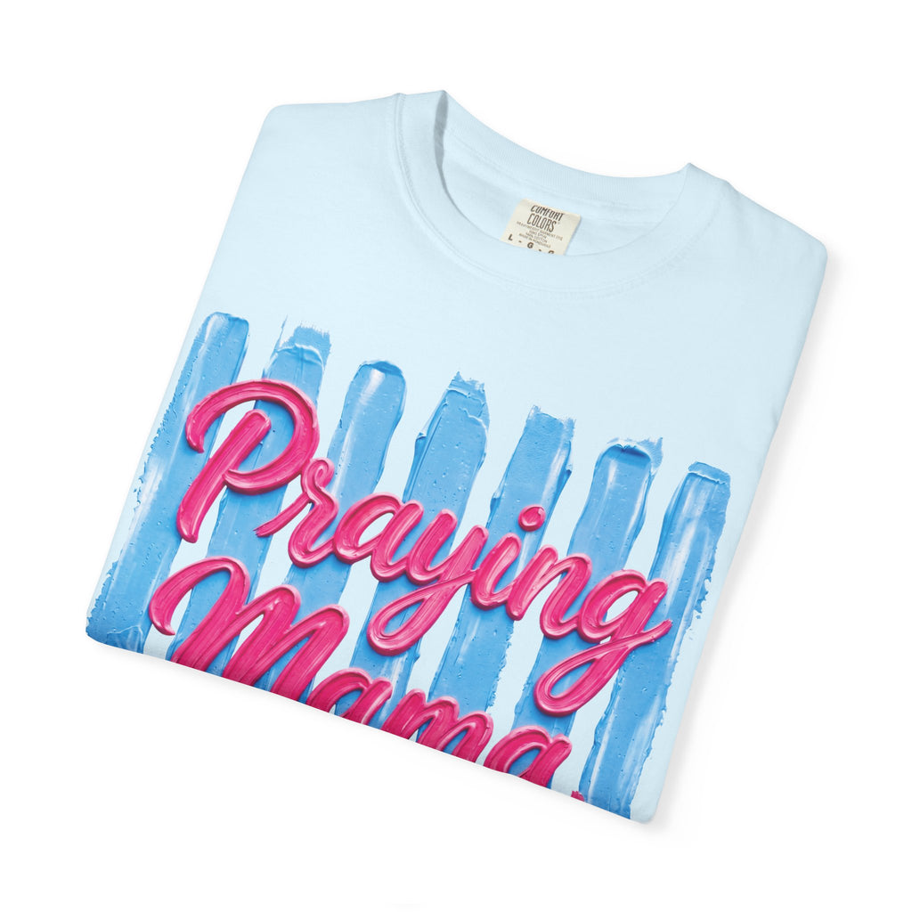 Praying Mama T-shirt | Christian Cross, Hearts, Blue Brushstroke