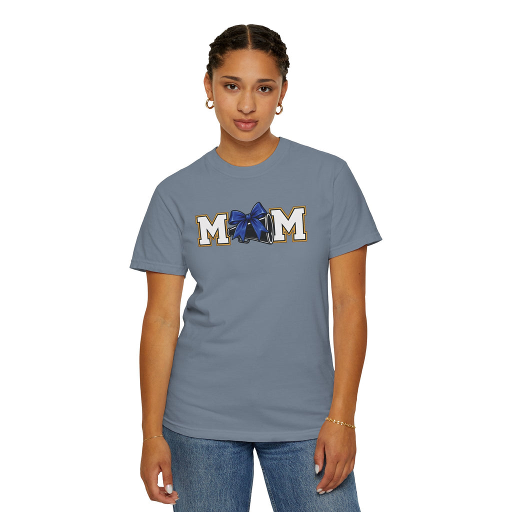 Mom Cheer support T-Shirt — "MOM" with Blue bow & Personalized Back Print