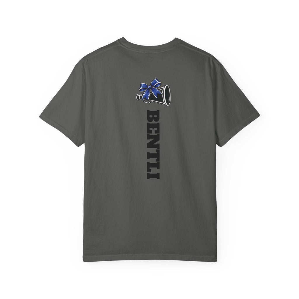 Mom Cheer support T-Shirt — "MOM" with Blue bow & Personalized Back Print
