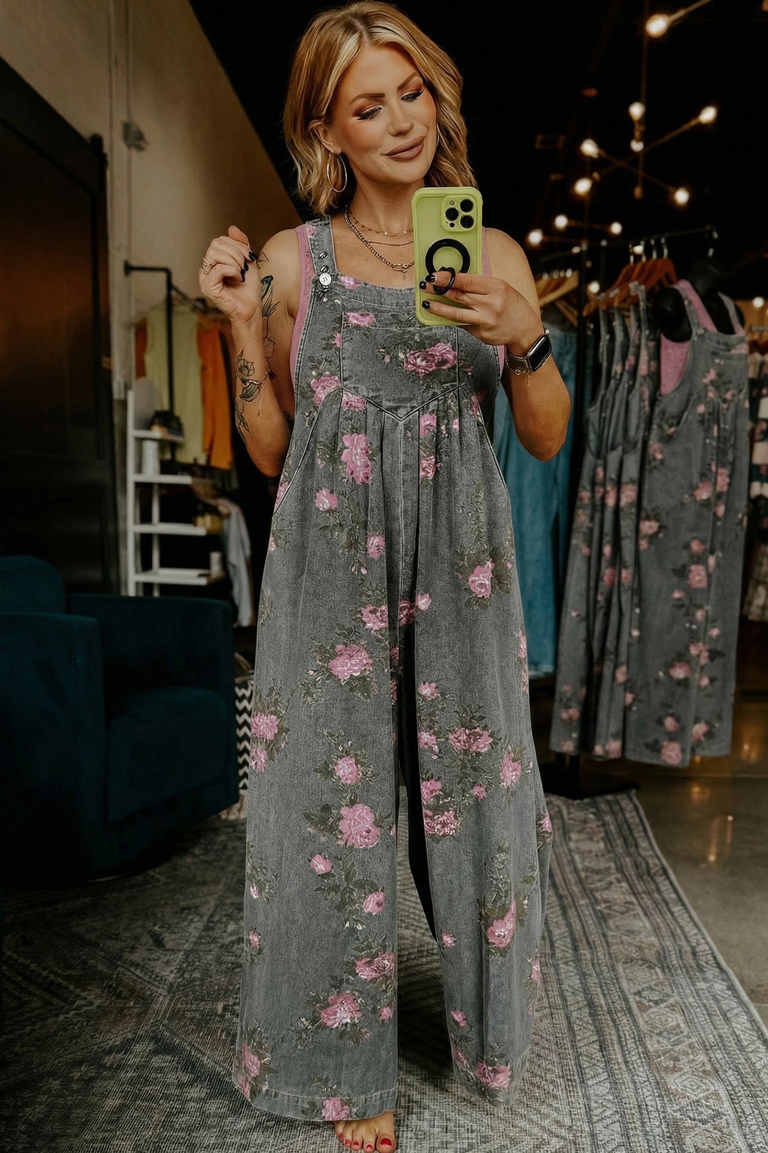 Beau Blue Floral Print Pleated High Waist Wide Leg Denim Jumpsuit