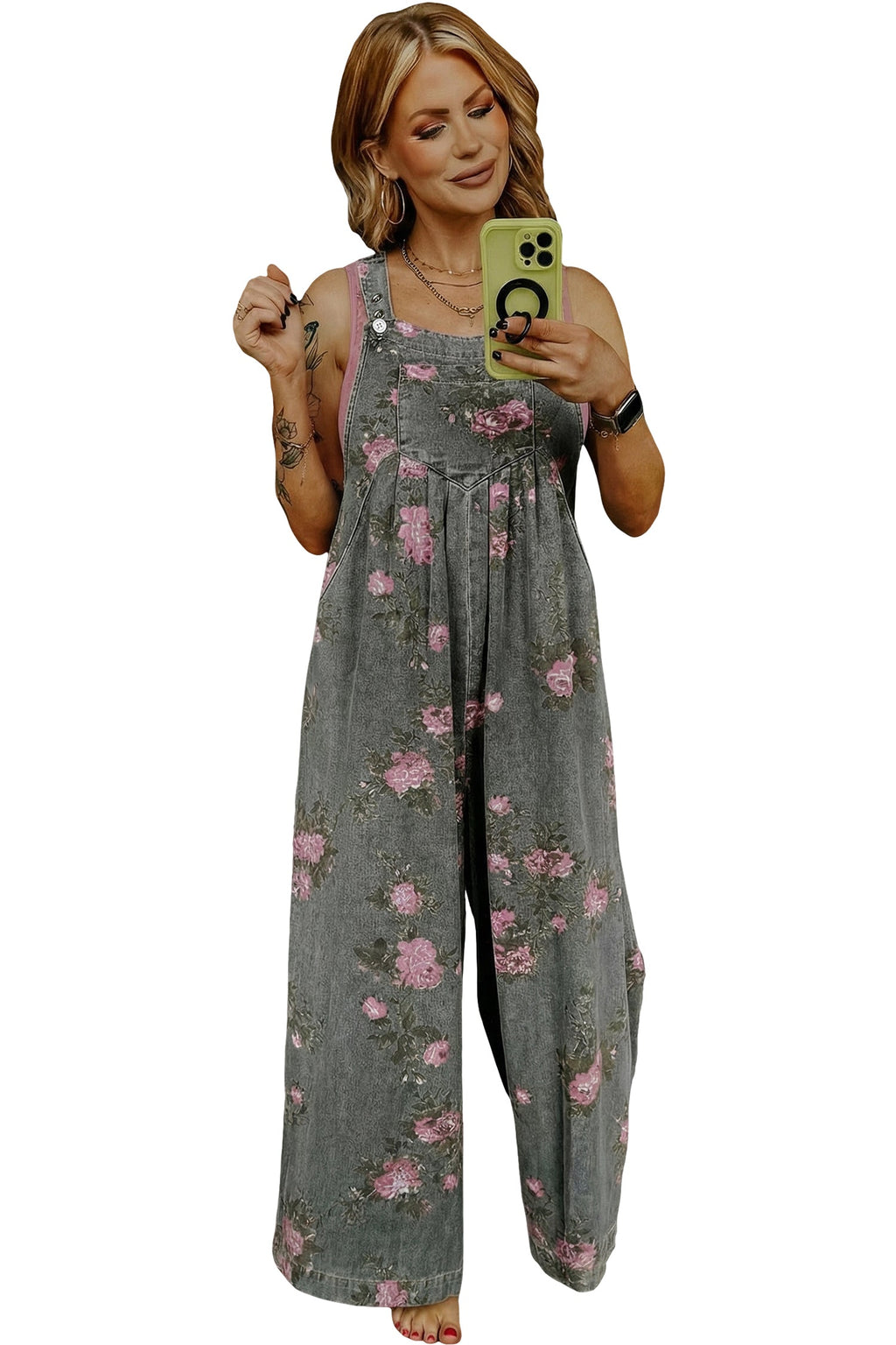 Beau Blue Floral Print Pleated High Waist Wide Leg Denim Jumpsuit