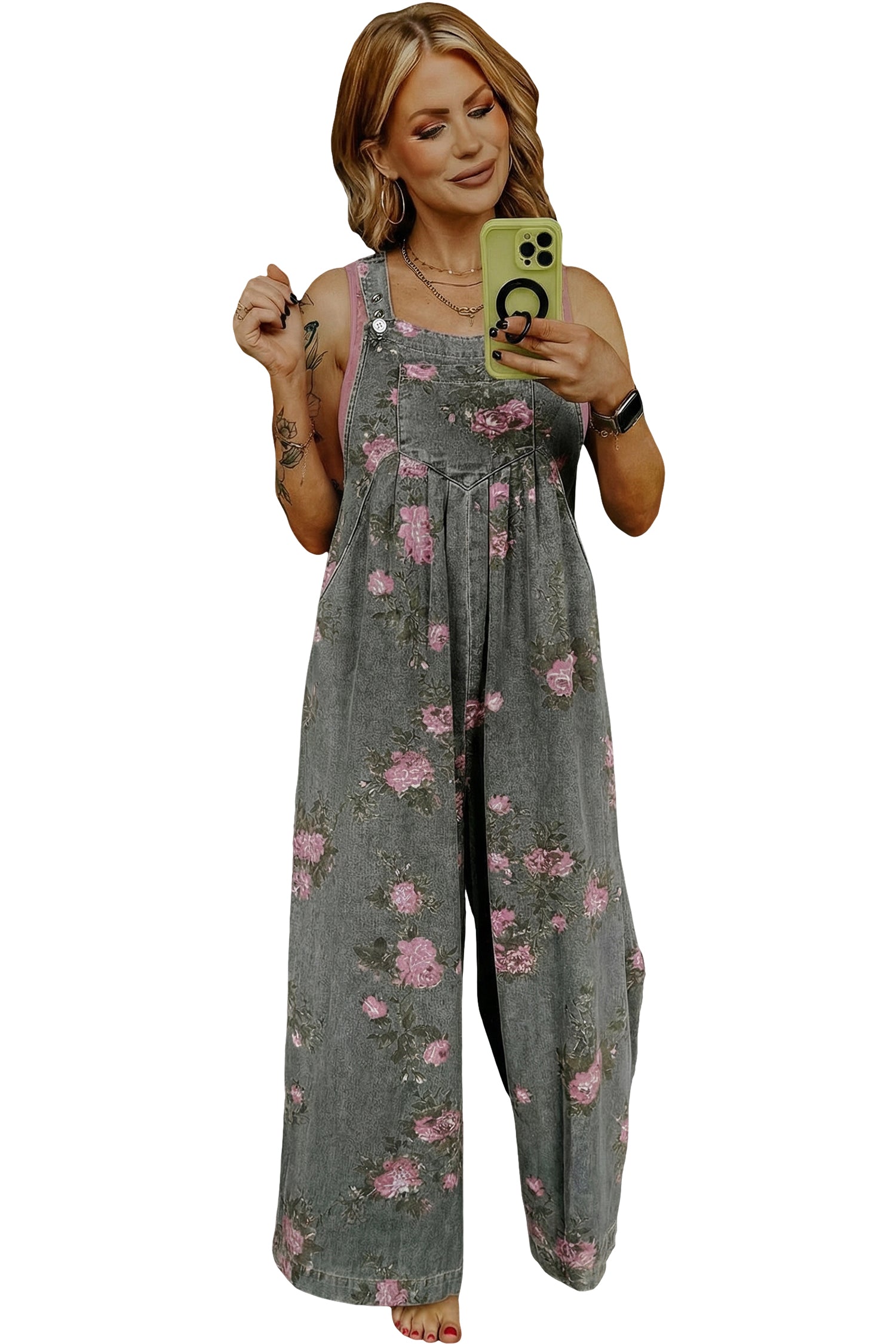 Beau Blue Floral Print Pleated High Waist Wide Leg Denim Jumpsuit