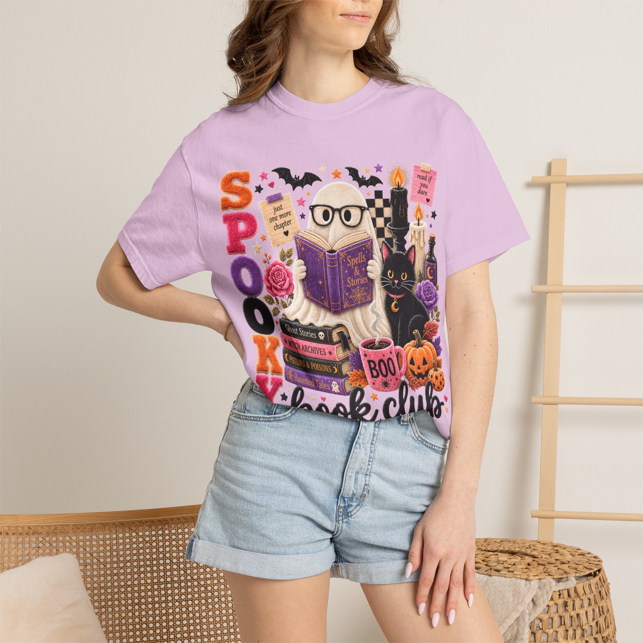 Spooky Book Club T-shirt | Halloween Reading Cat Owl Pumpkin