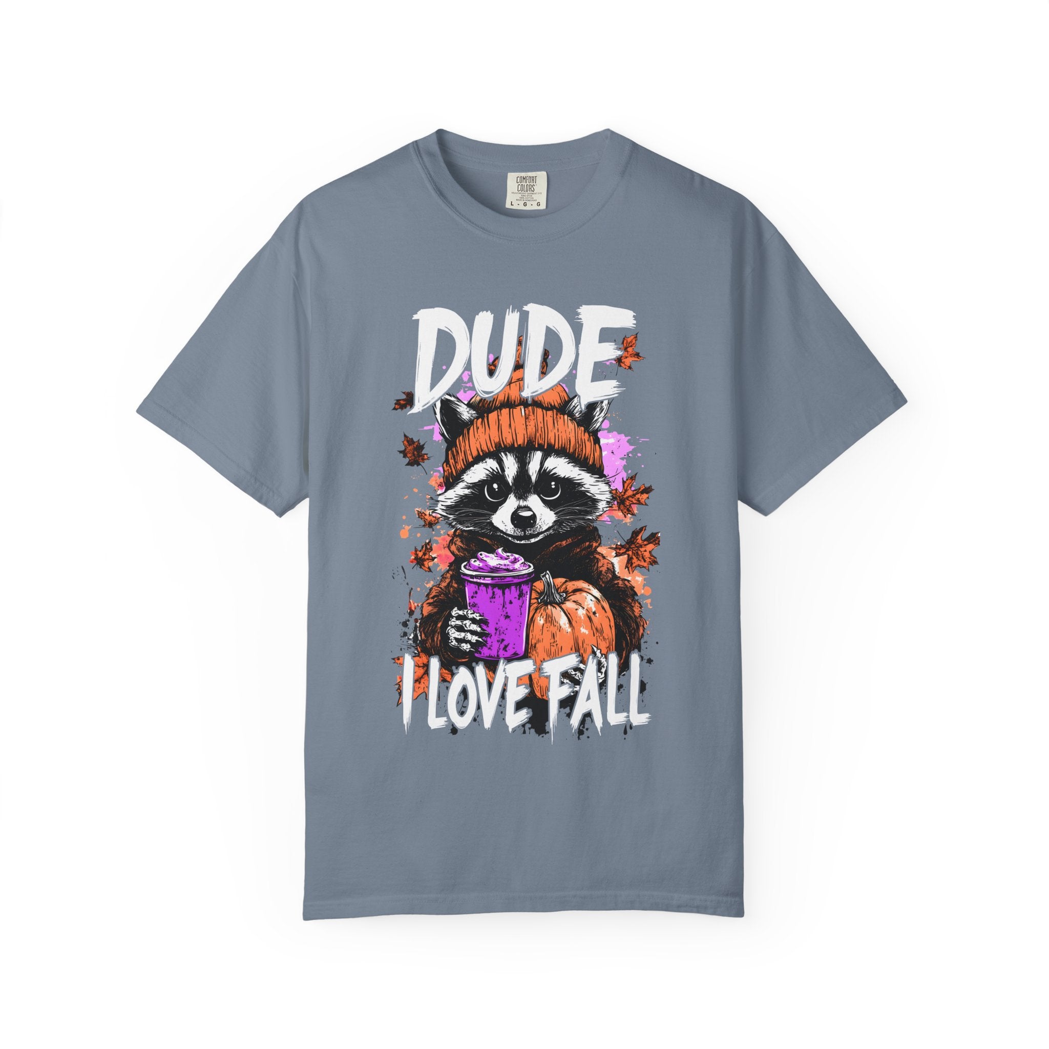 Raccoon with Pumpkin and Coffee Dude I Love Fall T-shirt | Autumn Graphic Tee