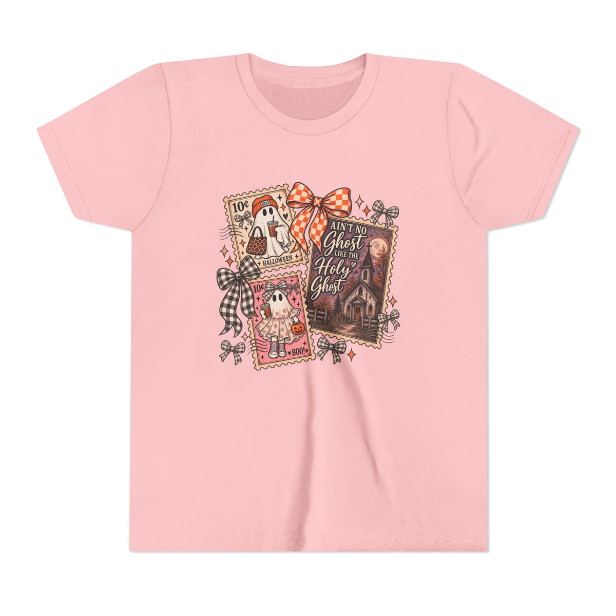 Youth Halloween Postage Stamp Tee — "Ain't No Ghosts Like Our Ghost" Retro Spooky Kids Shirt