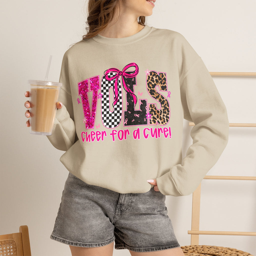 Crewneck Sweatshirt - VOLS Cheer For A Cure Pink Ribbon Leopard & Glitter Design