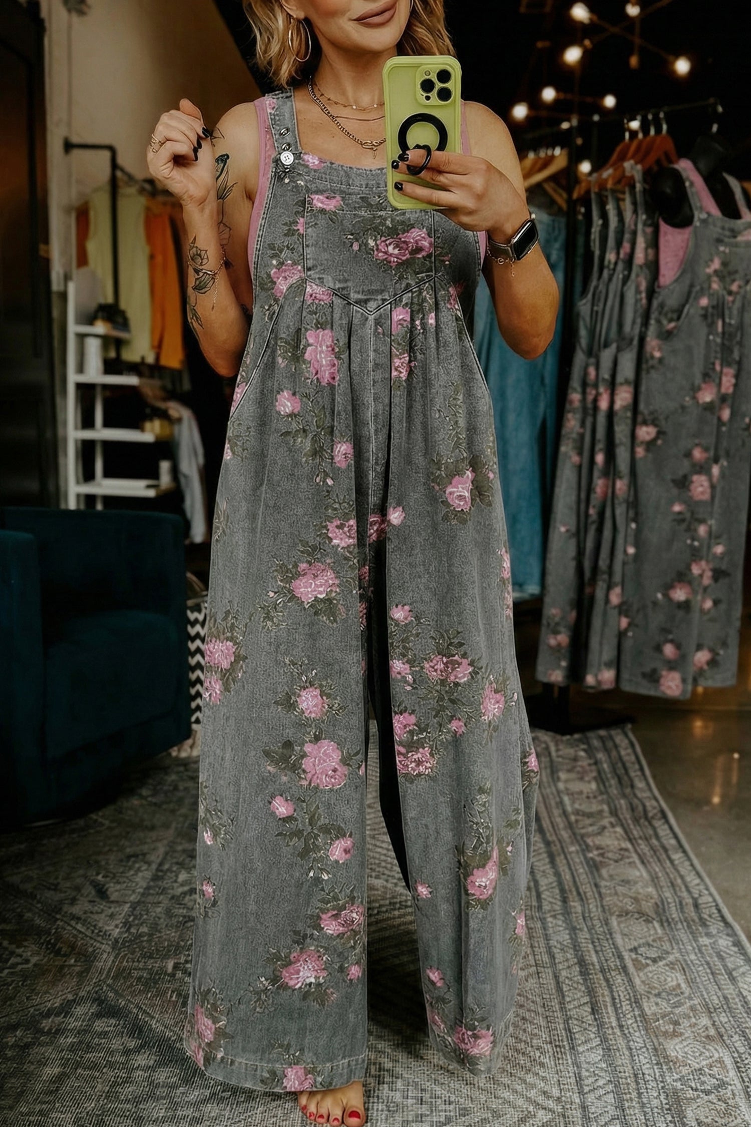 Beau Blue Floral Print Pleated High Waist Wide Leg Denim Jumpsuit