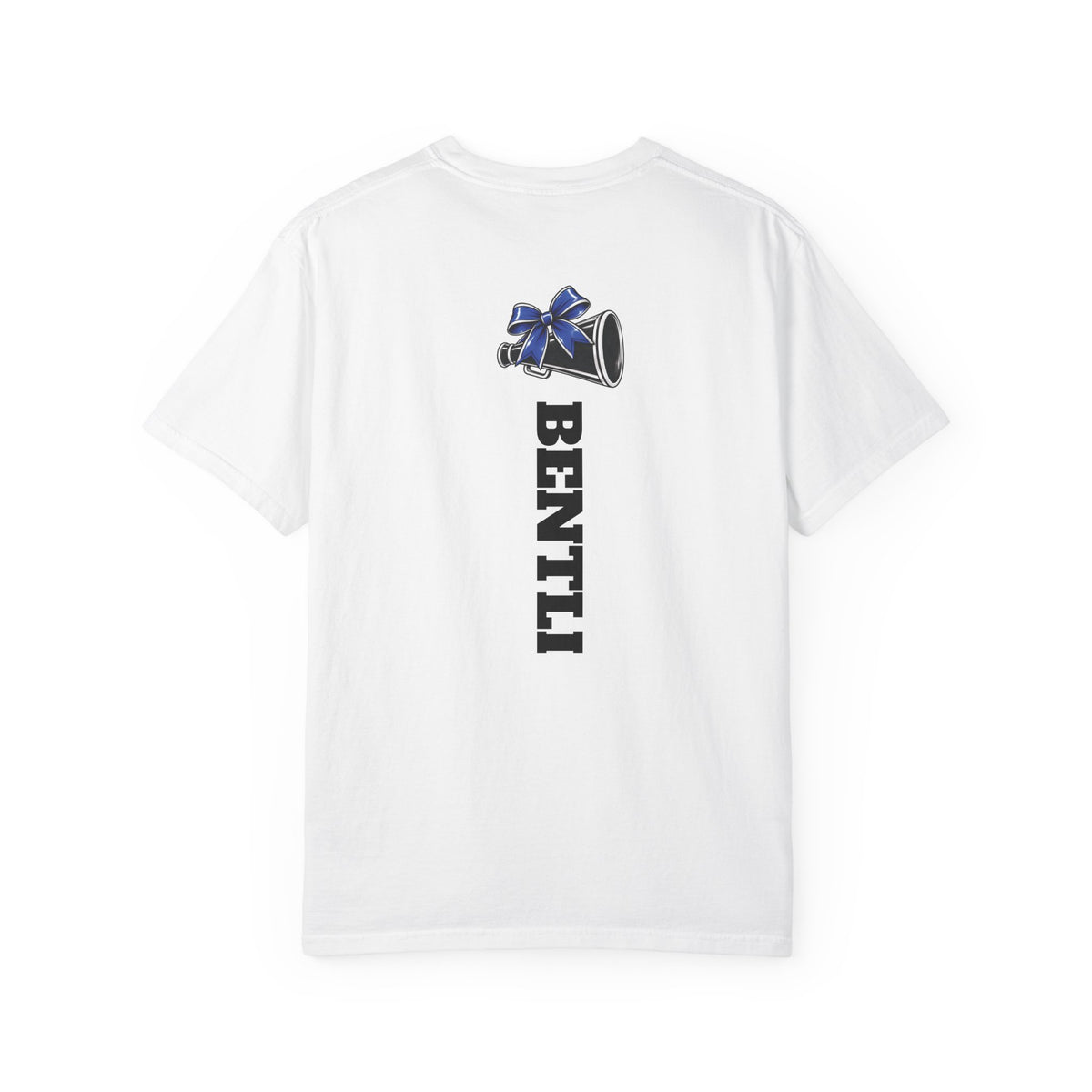 Mom Cheer support T-Shirt — "MOM" with Blue bow & Personalized Back Print