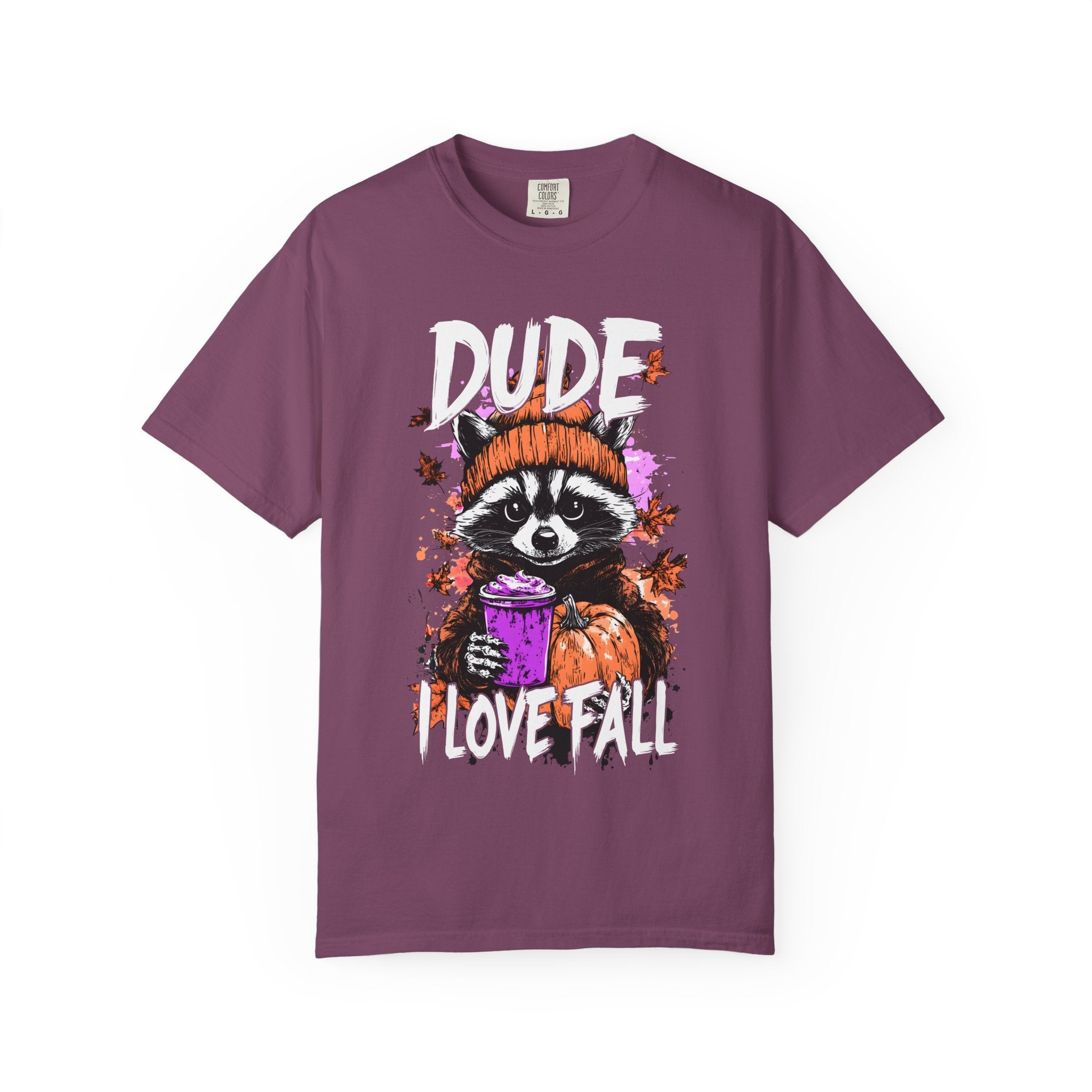 Raccoon with Pumpkin and Coffee Dude I Love Fall T-shirt | Autumn Graphic Tee