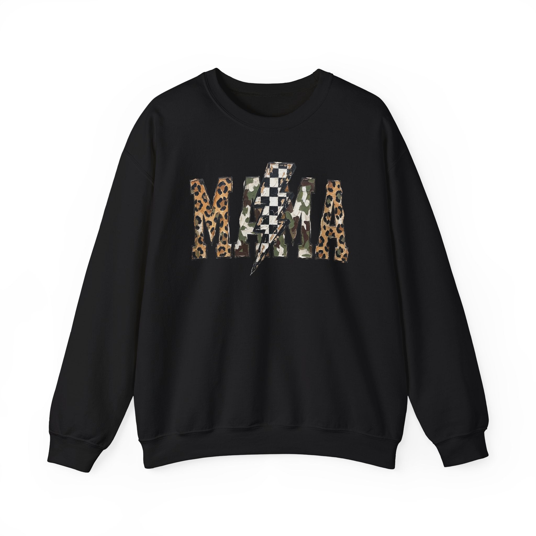 Neutral Street Style MAMA Sweatshirt | Leopard & Camouflage Lightning Bolt Graphic | Cozy Mom Crewneck