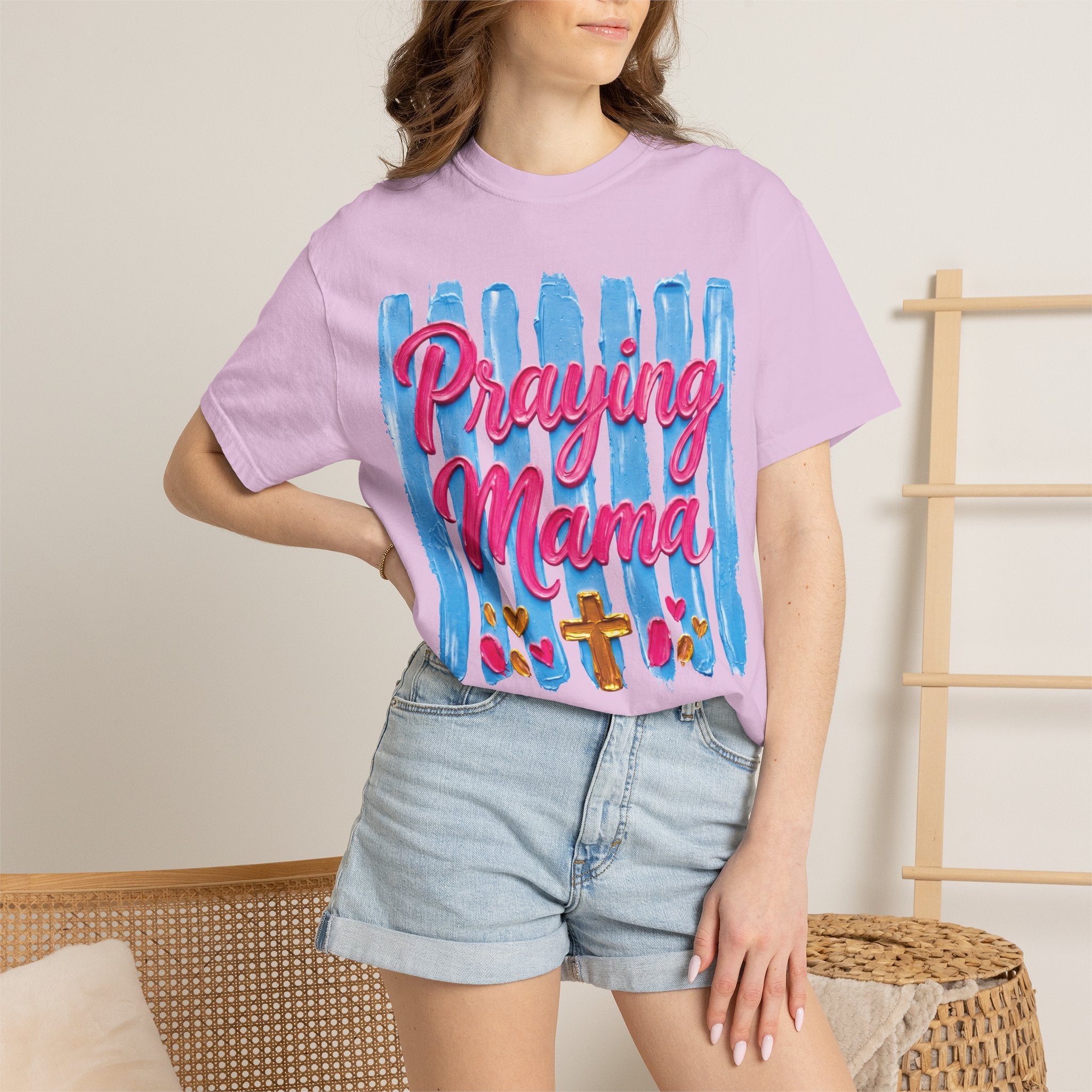 Praying Mama T-shirt | Christian Cross, Hearts, Blue Brushstroke