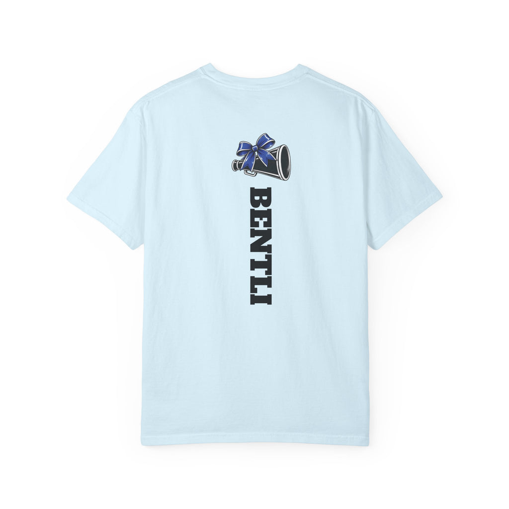 Mom Cheer support T-Shirt — "MOM" with Blue bow & Personalized Back Print