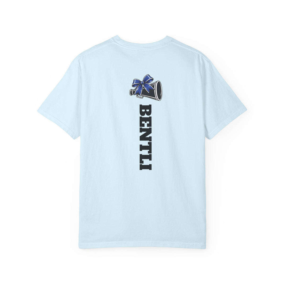 Mom Cheer support T-Shirt — "MOM" with Blue bow & Personalized Back Print