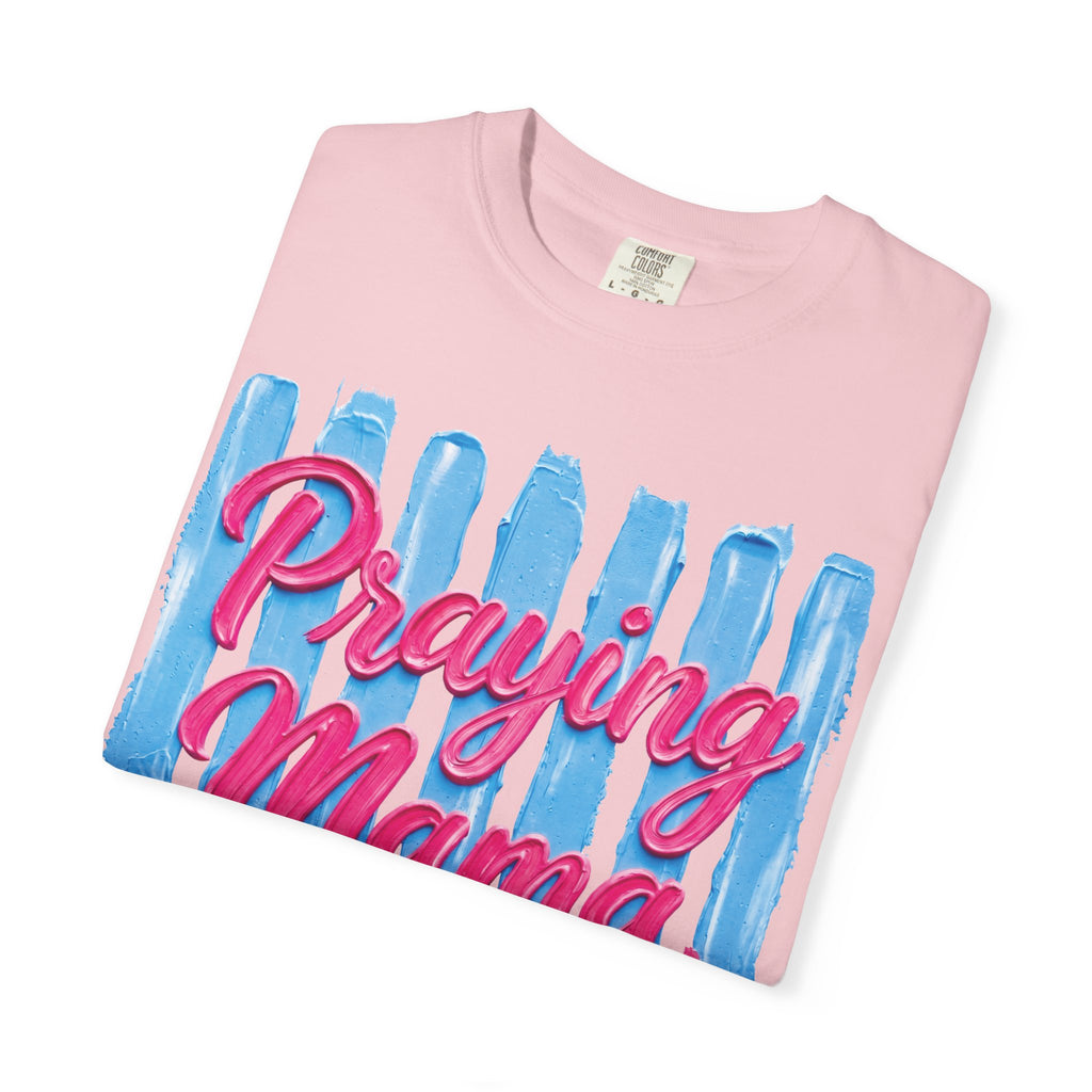 Praying Mama T-shirt | Christian Cross, Hearts, Blue Brushstroke