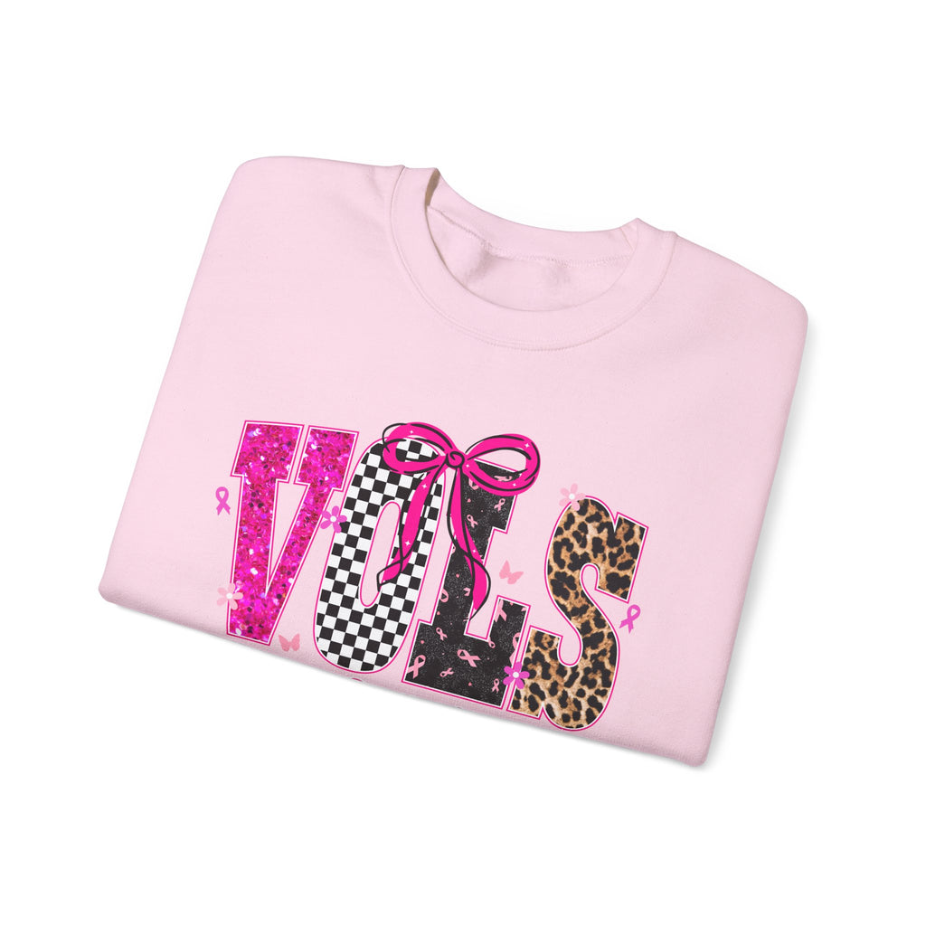 Crewneck Sweatshirt - VOLS Cheer For A Cure Pink Ribbon Leopard & Glitter Design