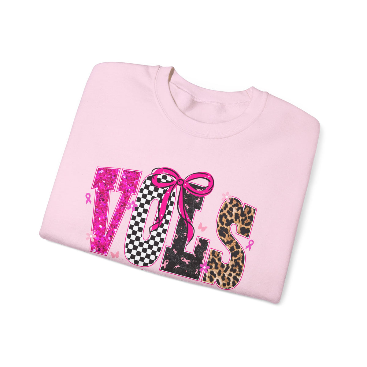 Crewneck Sweatshirt - VOLS Cheer For A Cure Pink Ribbon Leopard & Glitter Design
