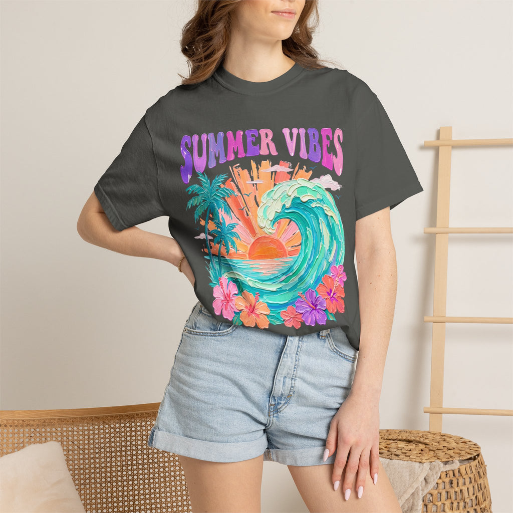 Summer Vibes Wave T-Shirt | Tropical Palm Sunset Hibiscus Beach lover tee