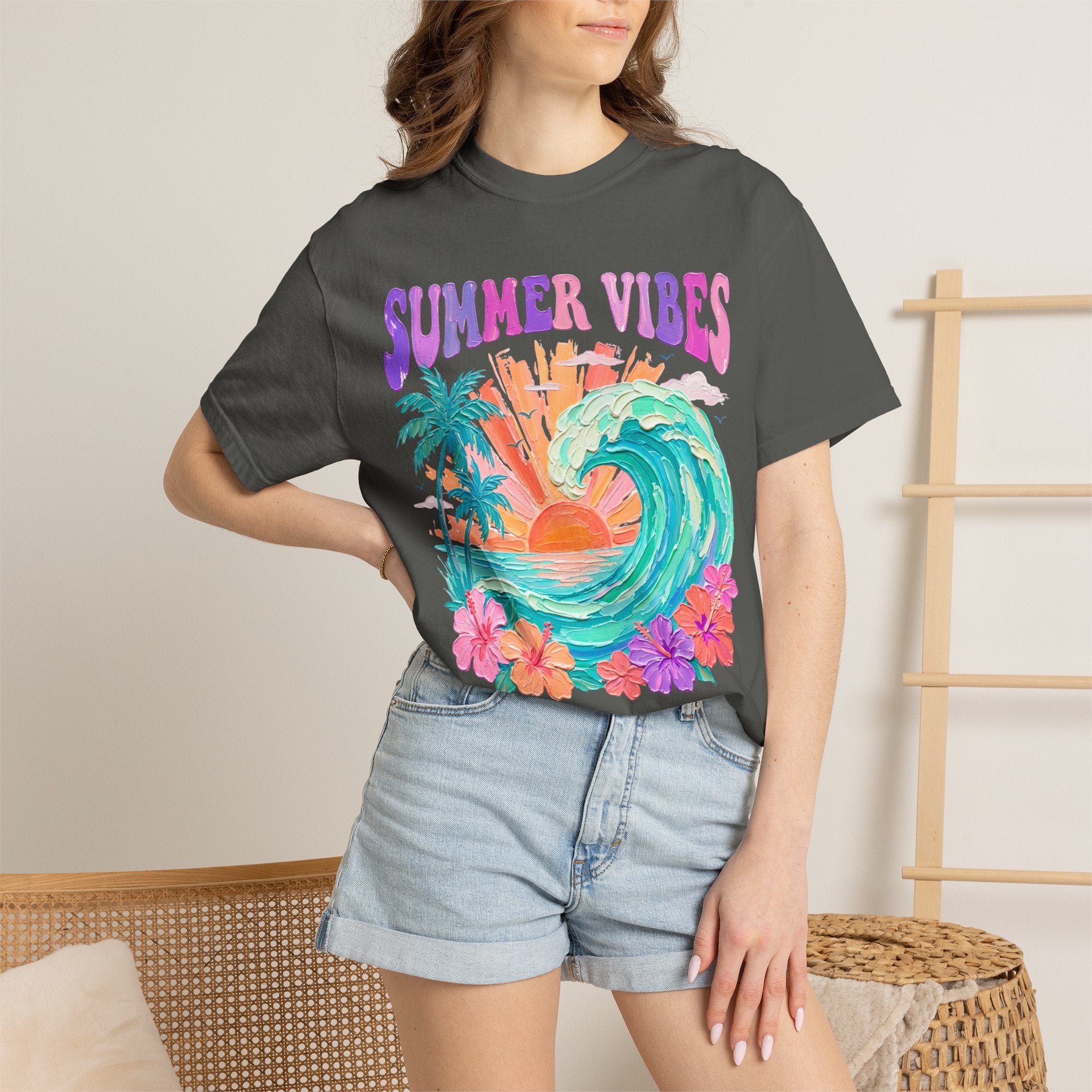 Summer Vibes Wave T-Shirt | Tropical Palm Sunset Hibiscus Beach lover tee