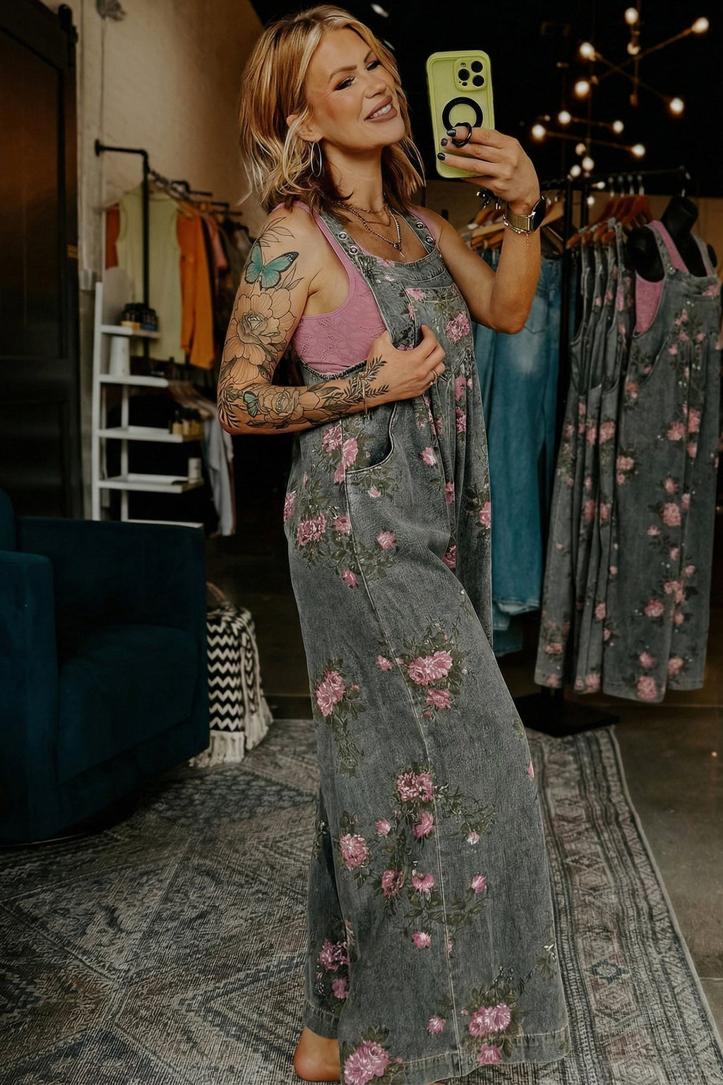 Beau Blue Floral Print Pleated High Waist Wide Leg Denim Jumpsuit