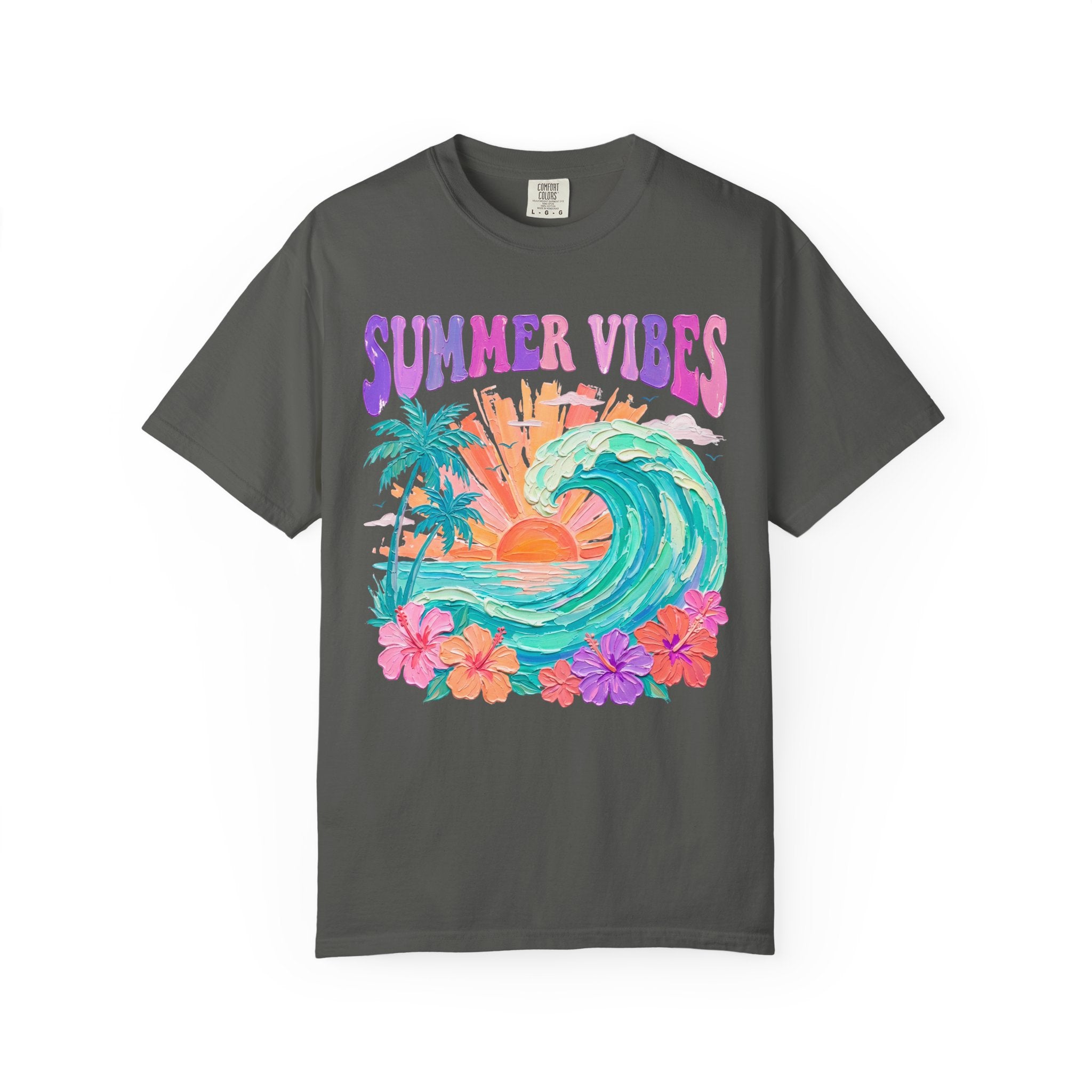 Summer Vibes Wave T-Shirt | Tropical Palm Sunset Hibiscus Beach lover tee
