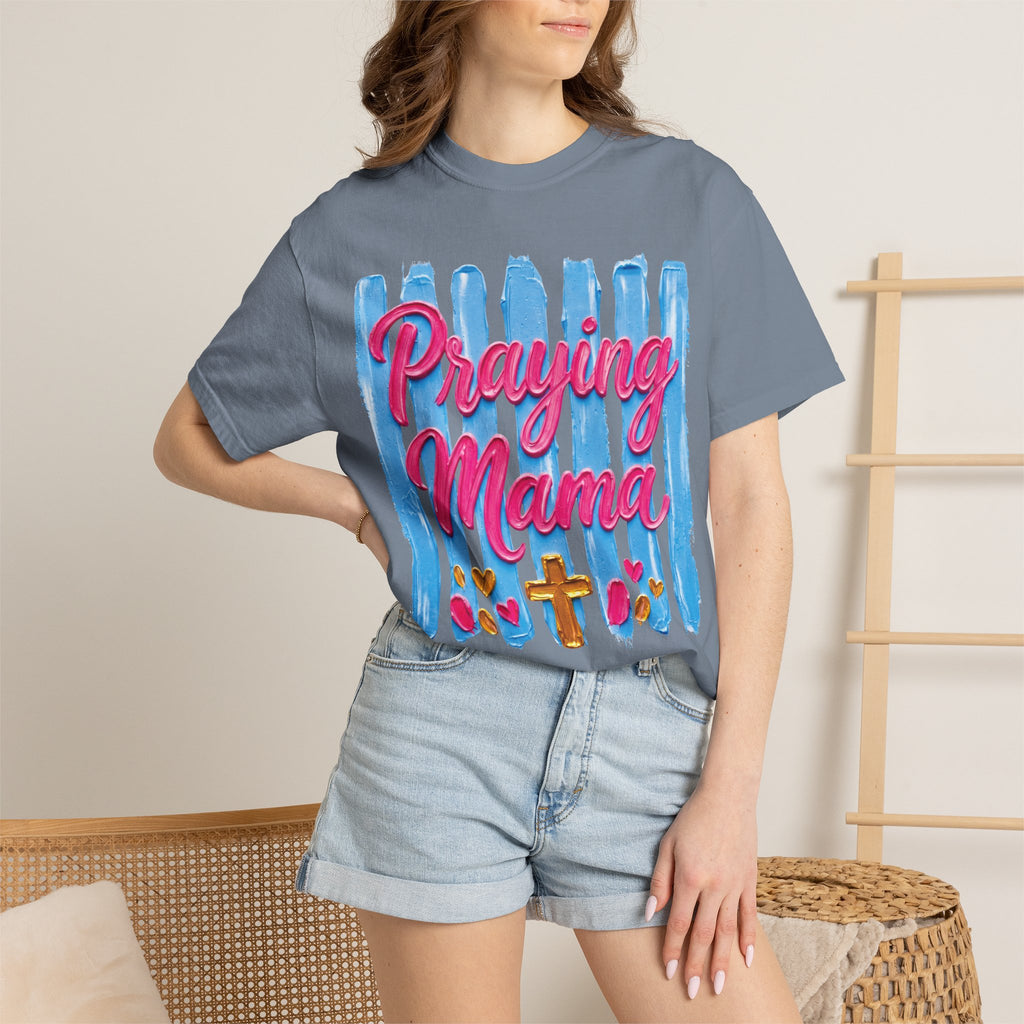 Praying Mama T-shirt | Christian Cross, Hearts, Blue Brushstroke