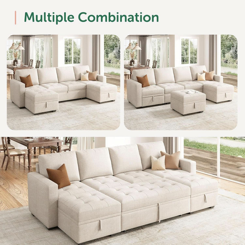 Beige Modular Sleeper Sectional Couch With Storage