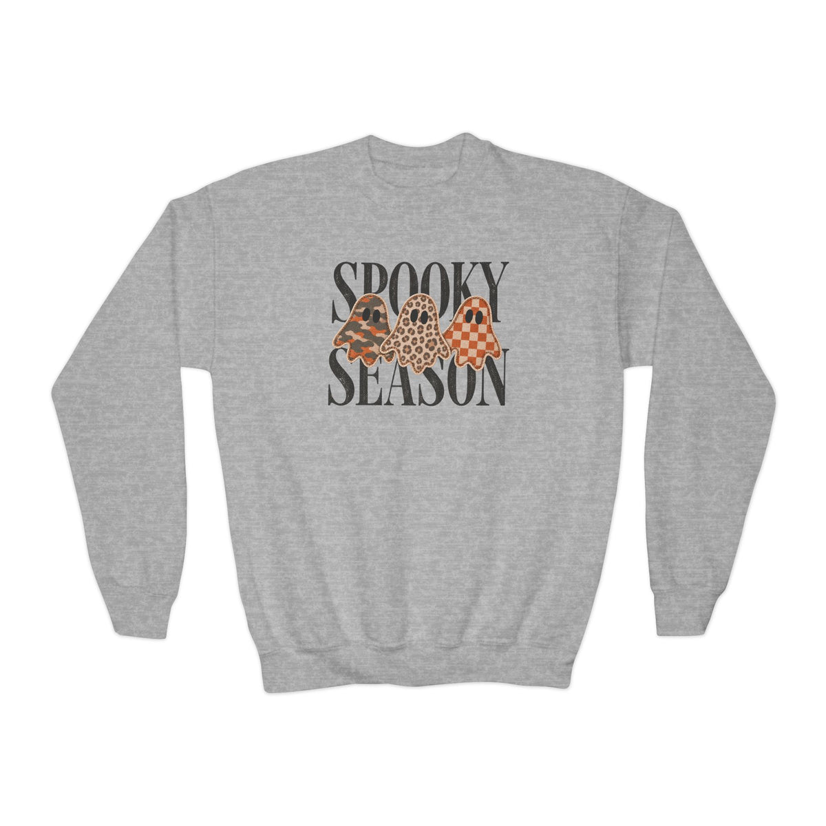 Youth Crewneck Sweatshirt — "Spooky Season" Halloween Ghosts with Leopard & Plaid Accents