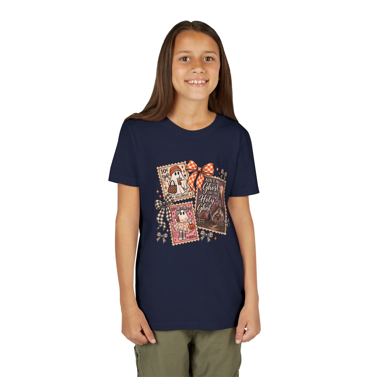 Youth Halloween Postage Stamp Tee — "Ain't No Ghosts Like Our Ghost" Retro Spooky Kids Shirt
