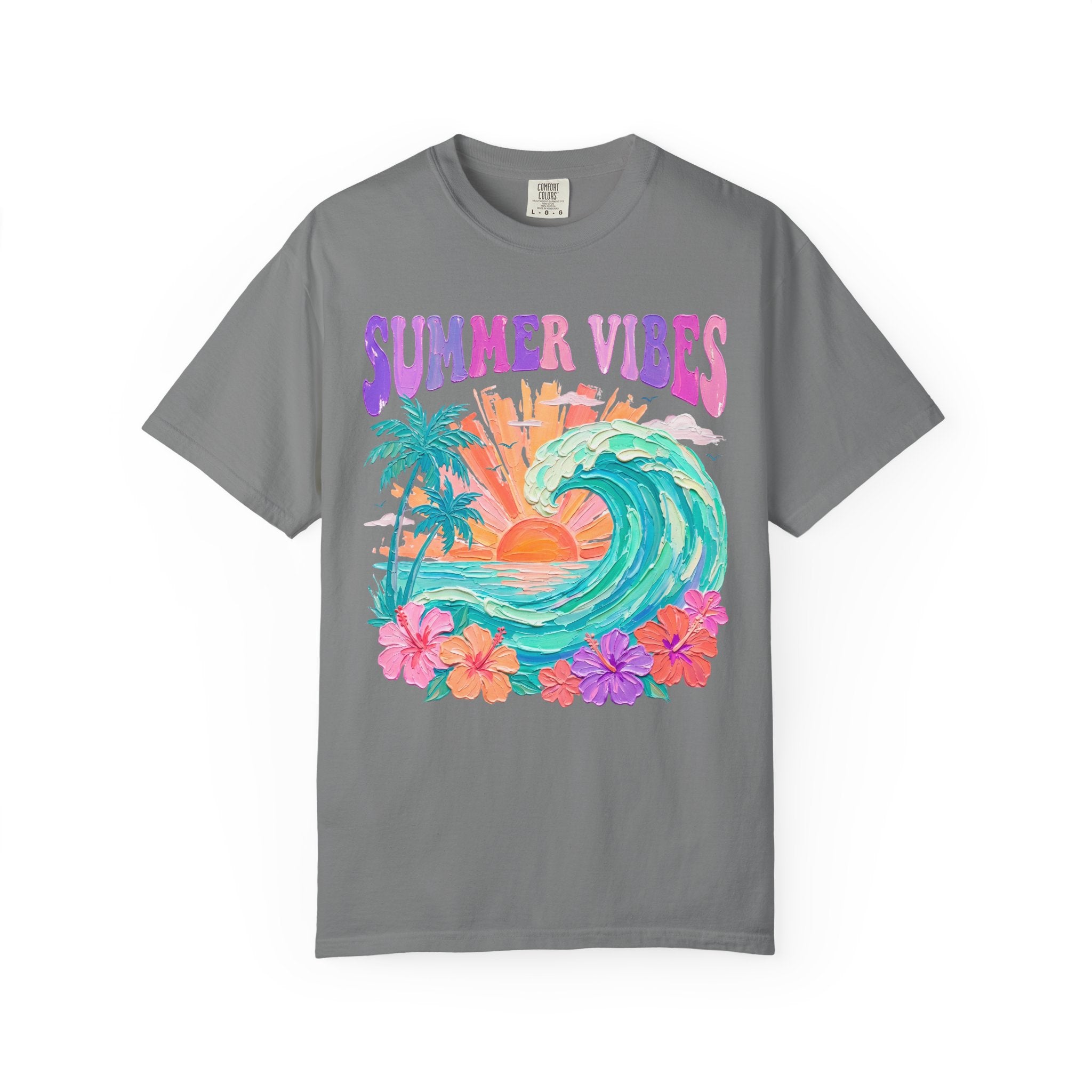 Summer Vibes Wave T-Shirt | Tropical Palm Sunset Hibiscus Beach lover tee