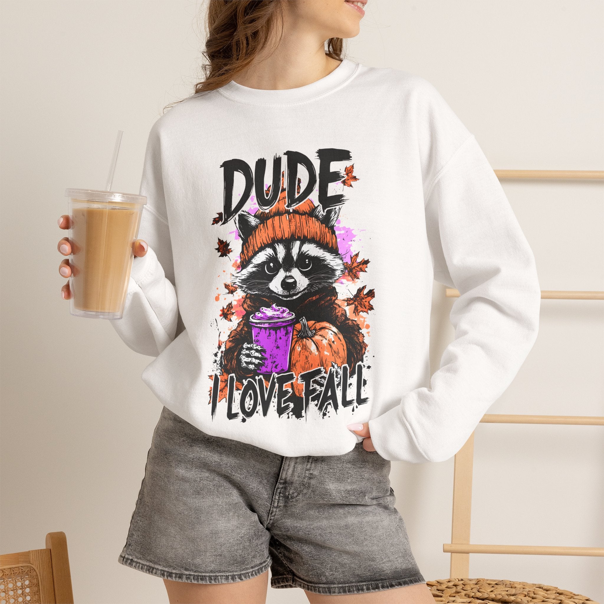Fall Raccoon Sweatshirt - "Dude I Love Fall" Cozy Autumn GIldan sweatshirt