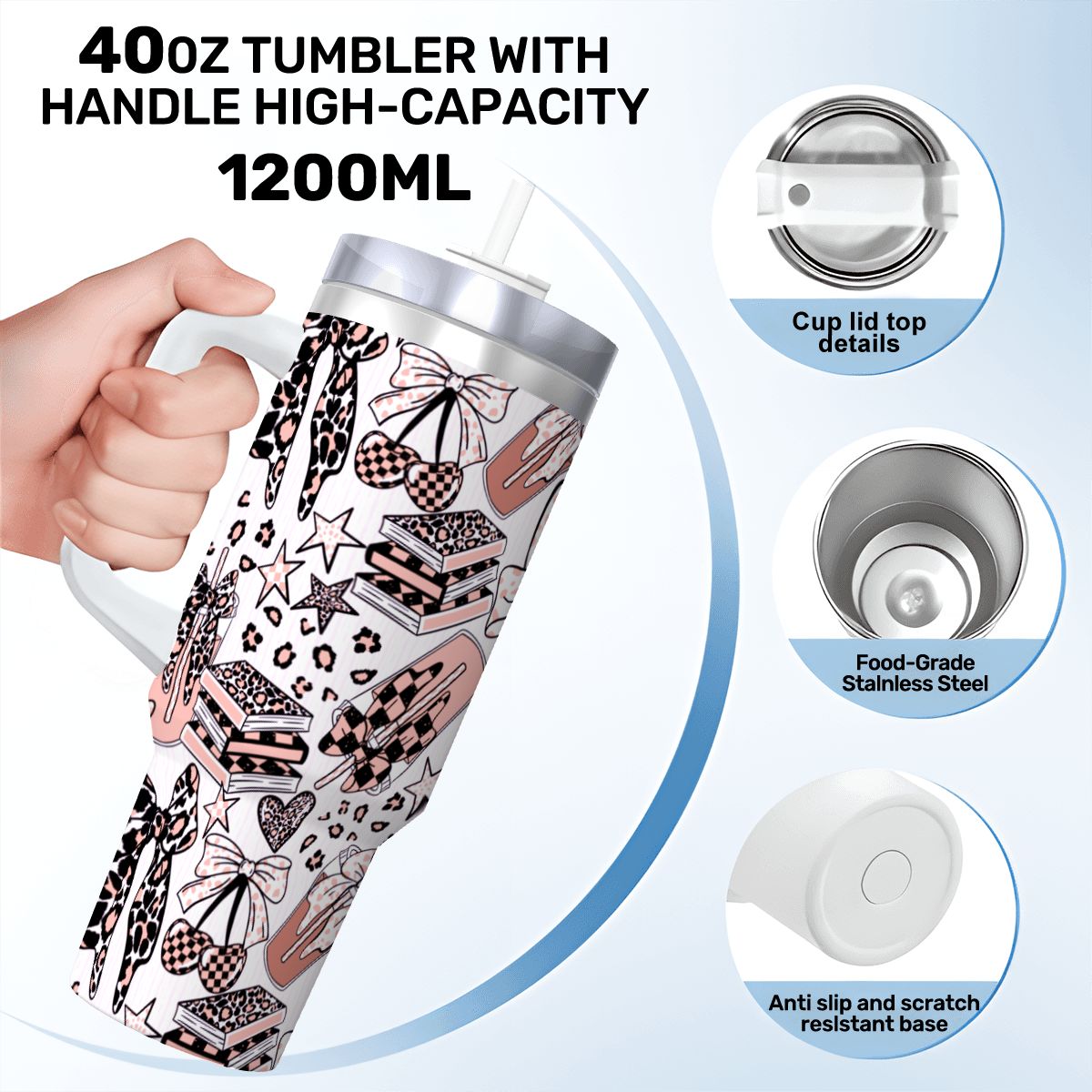 Travel Coffee Mug with Handle and Straw (40oz) BowsBooksCoffeeCheetah