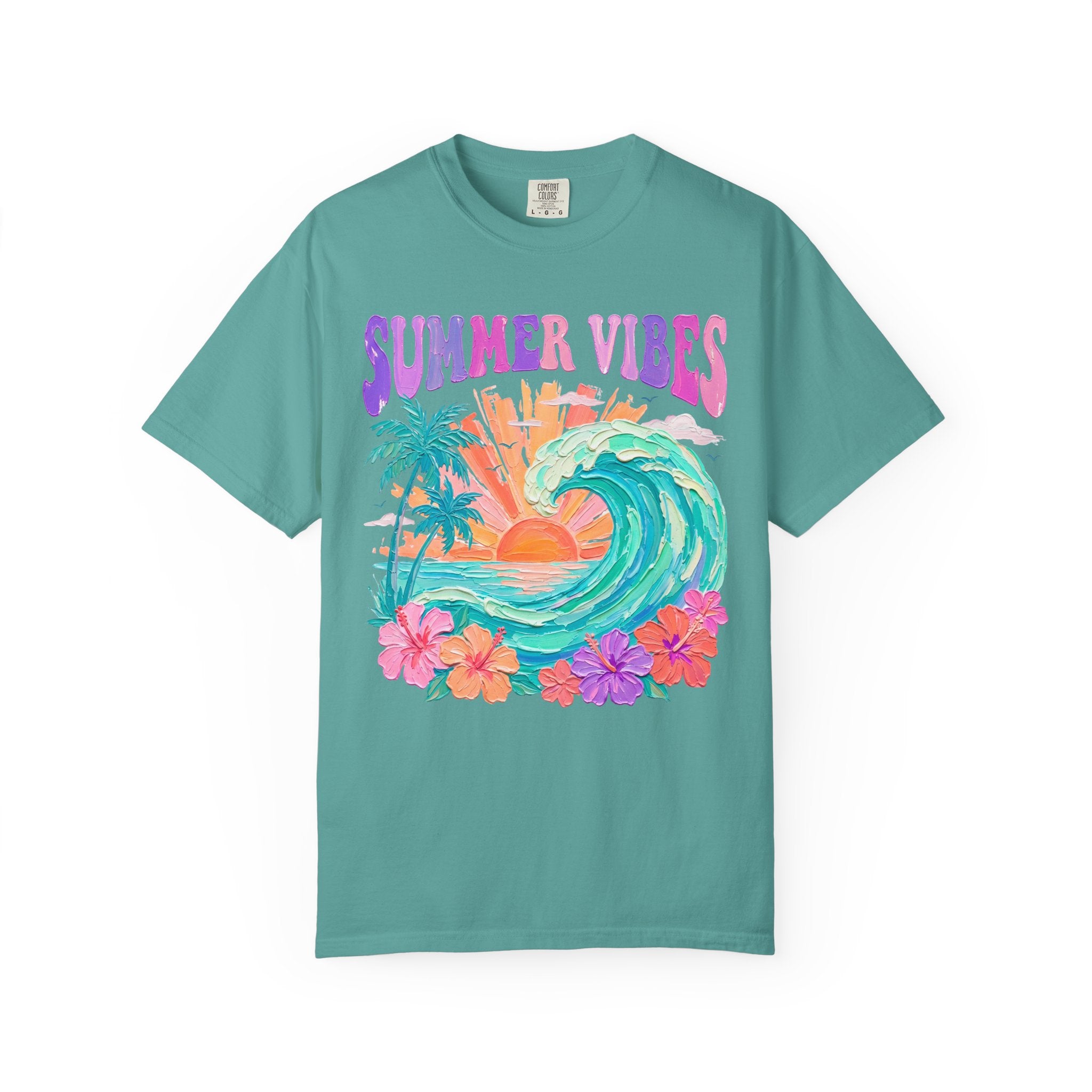 Summer Vibes Wave T-Shirt | Tropical Palm Sunset Hibiscus Beach lover tee