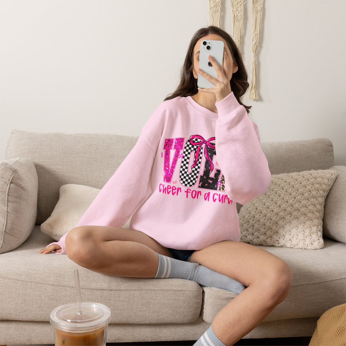 Crewneck Sweatshirt - VOLS Cheer For A Cure Pink Ribbon Leopard & Glitter Design