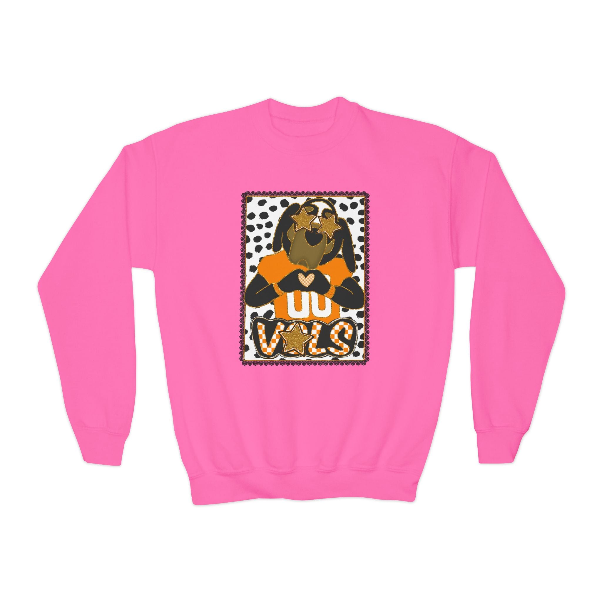 Youth Crewneck Sweatshirt — Cheerful Mascot ‘Go Vols’ Leopard Print Kids Pullover