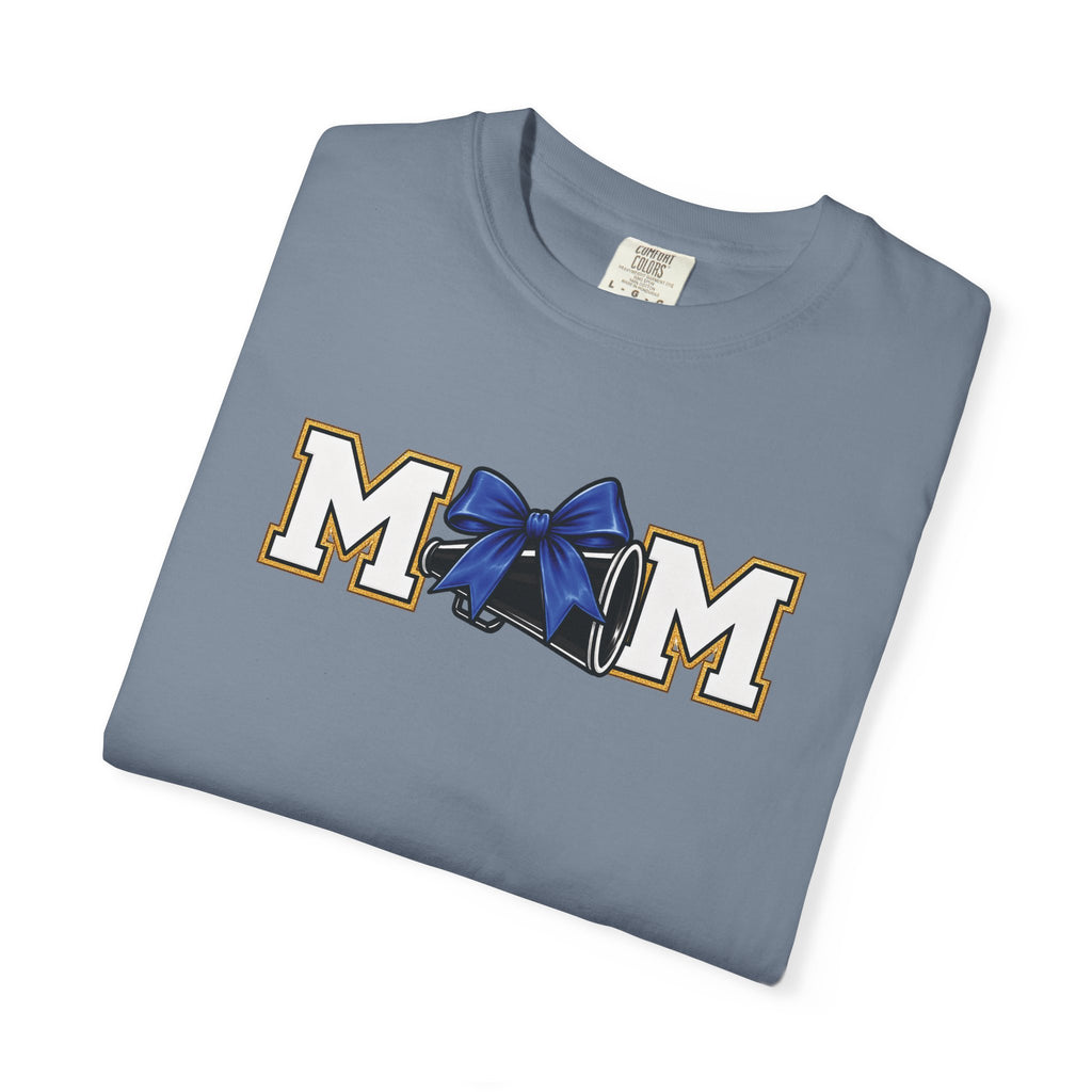 Mom Cheer support T-Shirt — "MOM" with Blue bow & Personalized Back Print