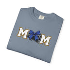 Mom Cheer support T-Shirt — "MOM" with Blue bow & Personalized Back Print