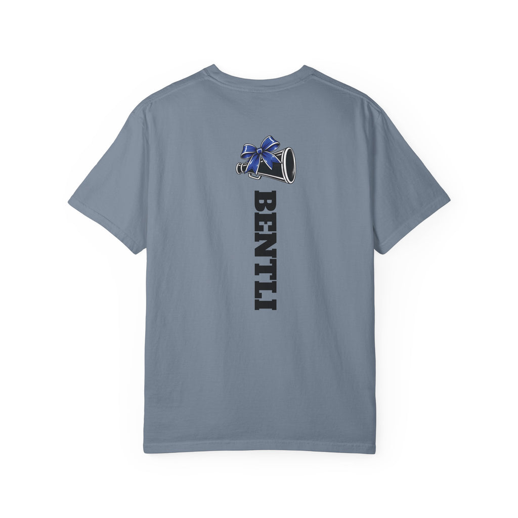 Mom Cheer support T-Shirt — "MOM" with Blue bow & Personalized Back Print