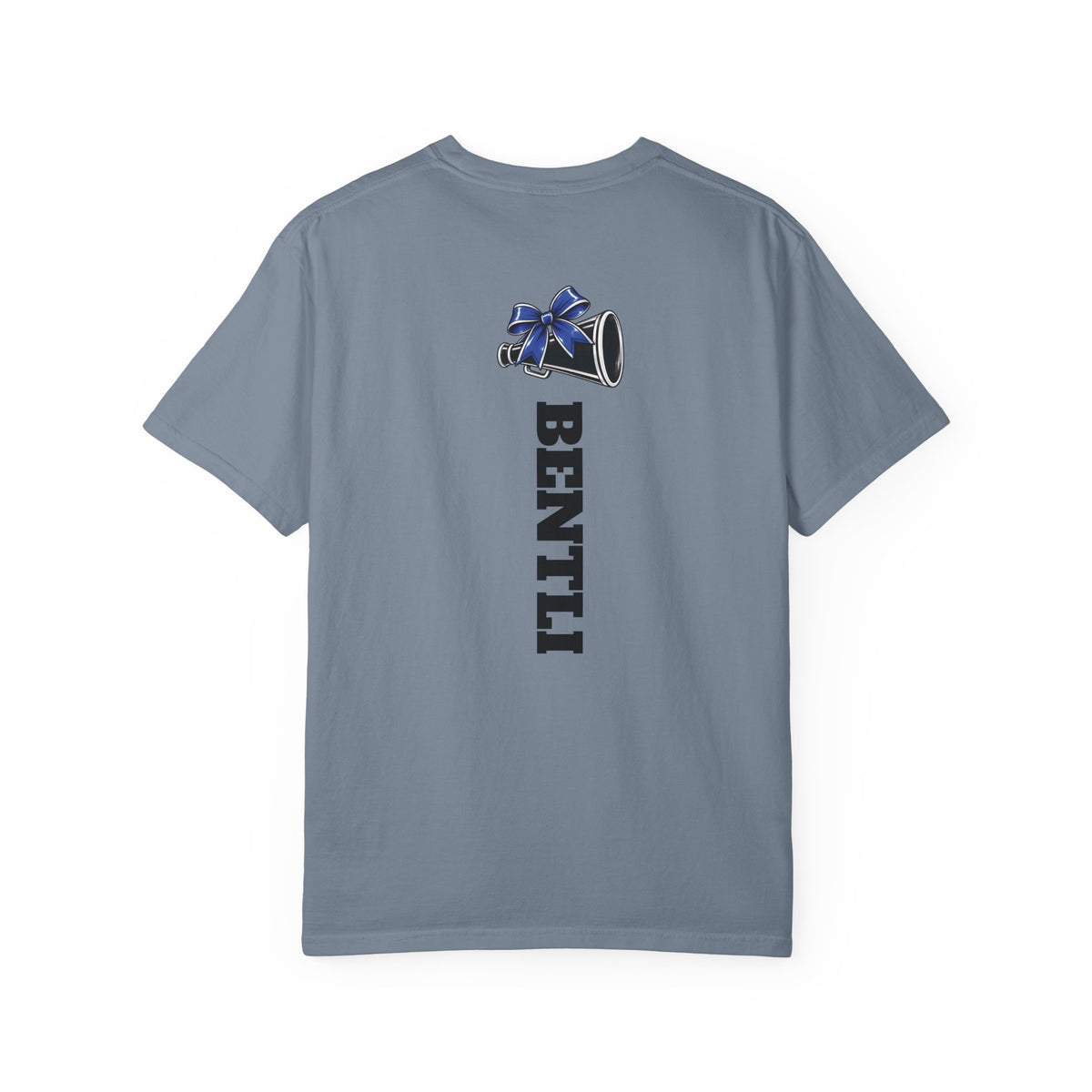 Mom Cheer support T-Shirt — "MOM" with Blue bow & Personalized Back Print
