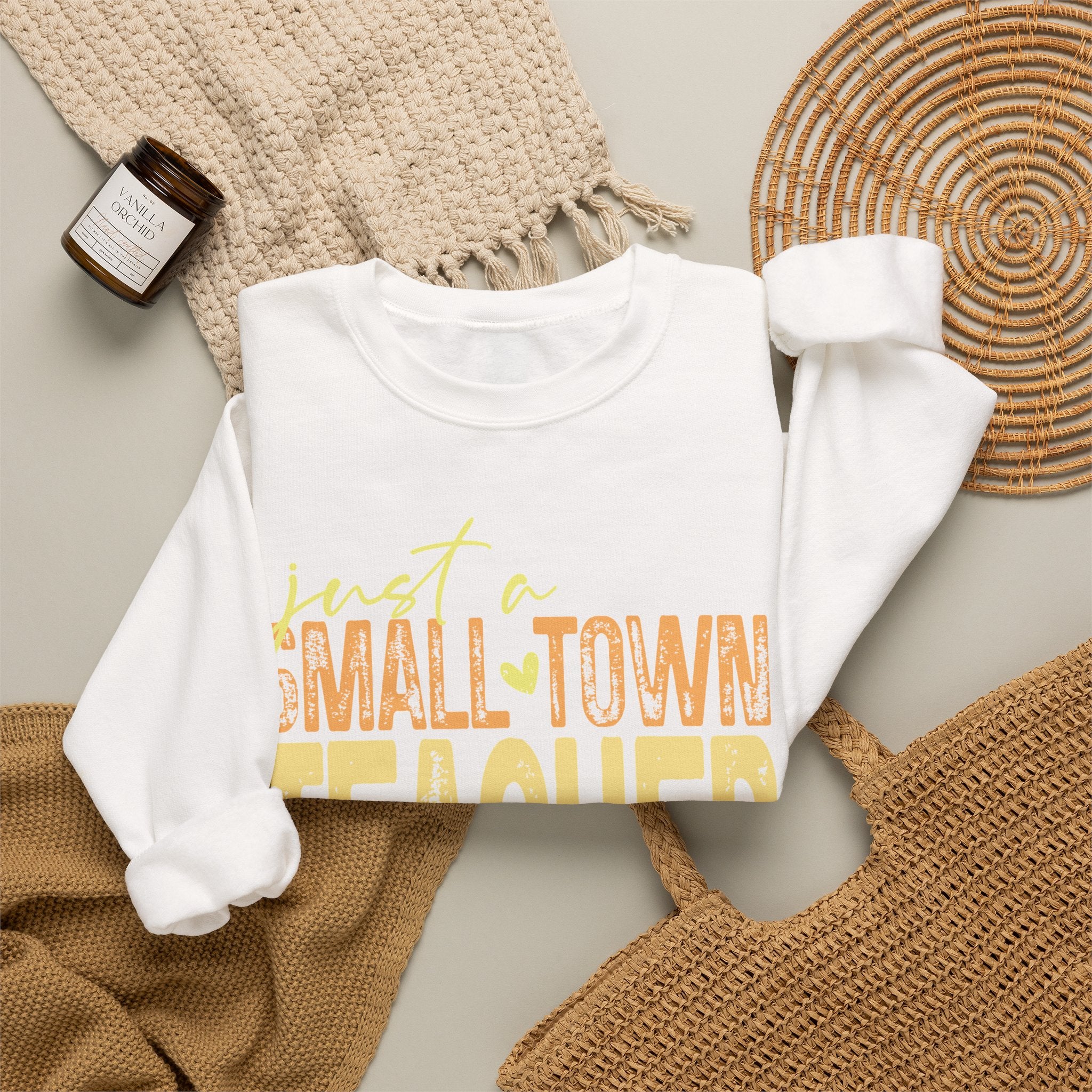 Small‑Town Teacher Sweatshirt | Cozy Crewneck for Educators | Distressed Yellow & Orange Lettering