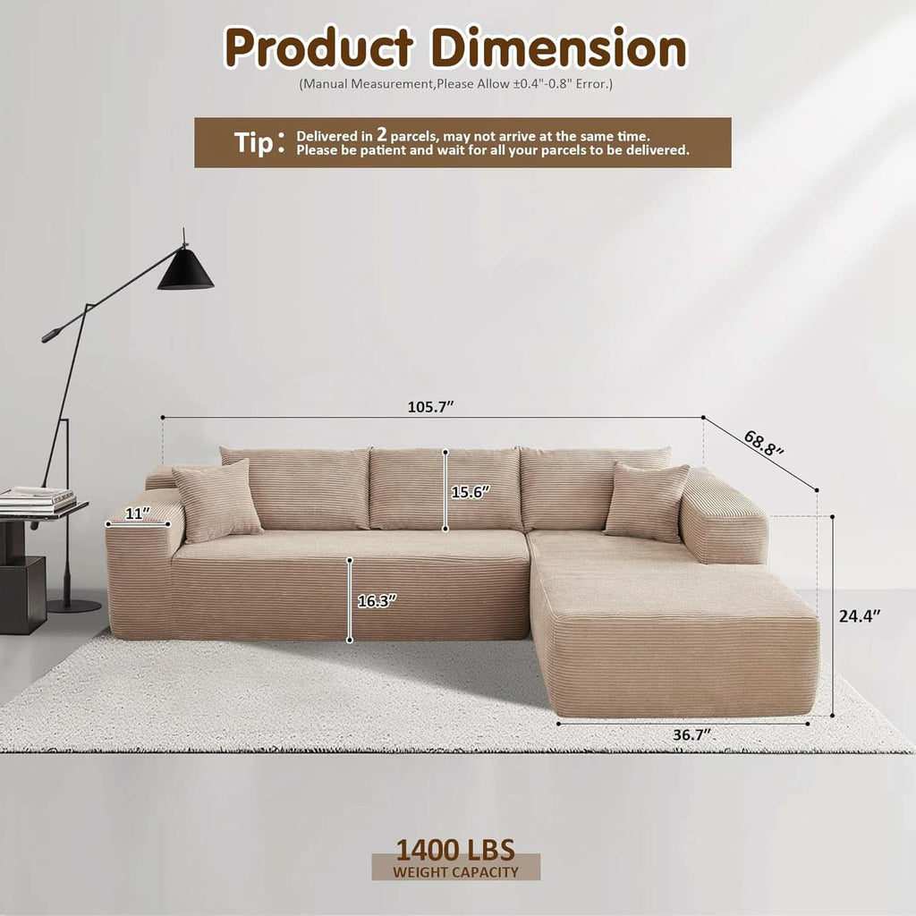 104 Inch Cloud Sectional Couch With L Shaped Chaise Modern Modular Sofa In Camel Corduroy Fabric