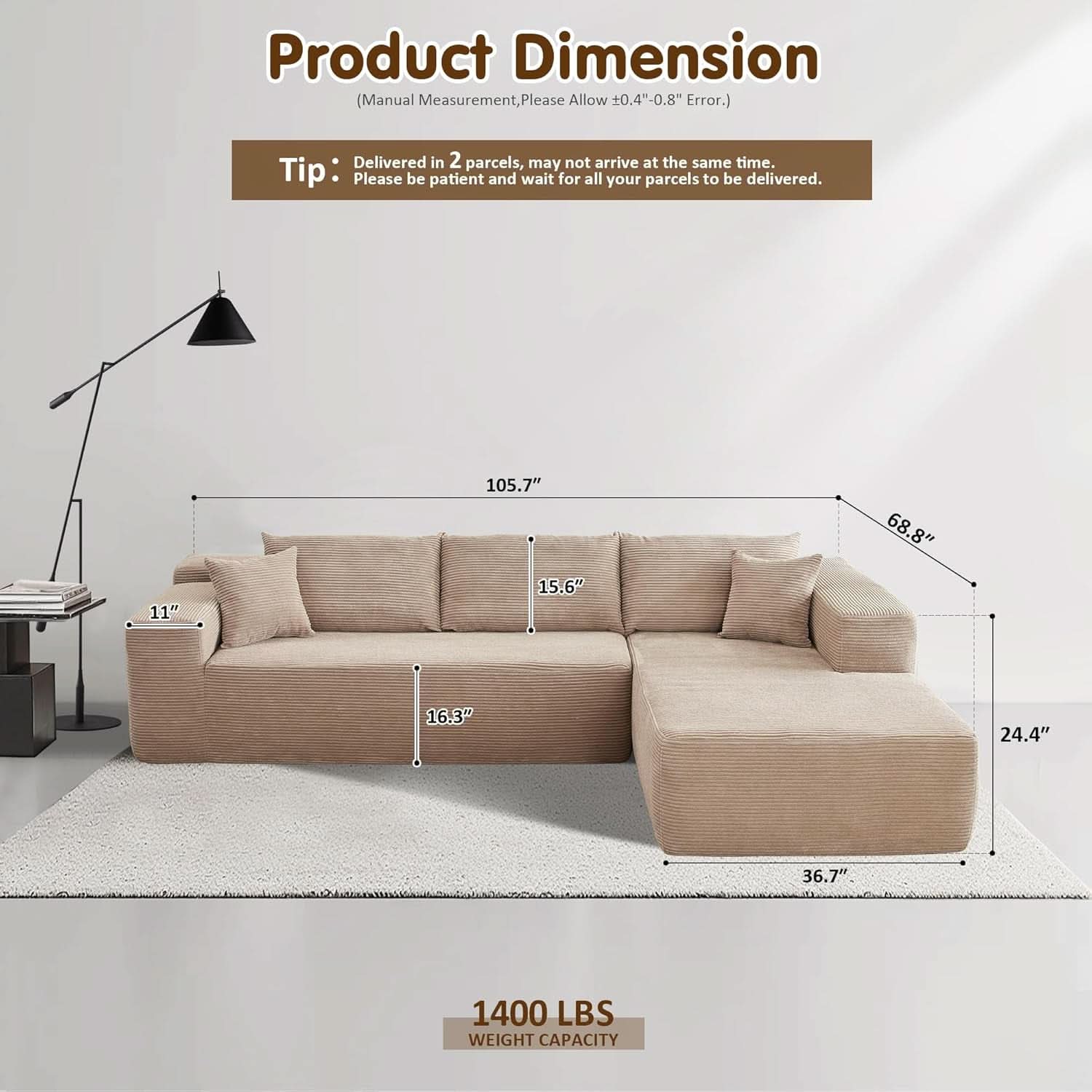 104 Inch Cloud Sectional Couch With L Shaped Chaise Modern Modular Sofa In Camel Corduroy Fabric