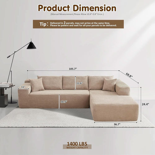 104 Inch Cloud Sectional Couch With L Shaped Chaise Modern Modular Sofa In Camel Corduroy Fabric