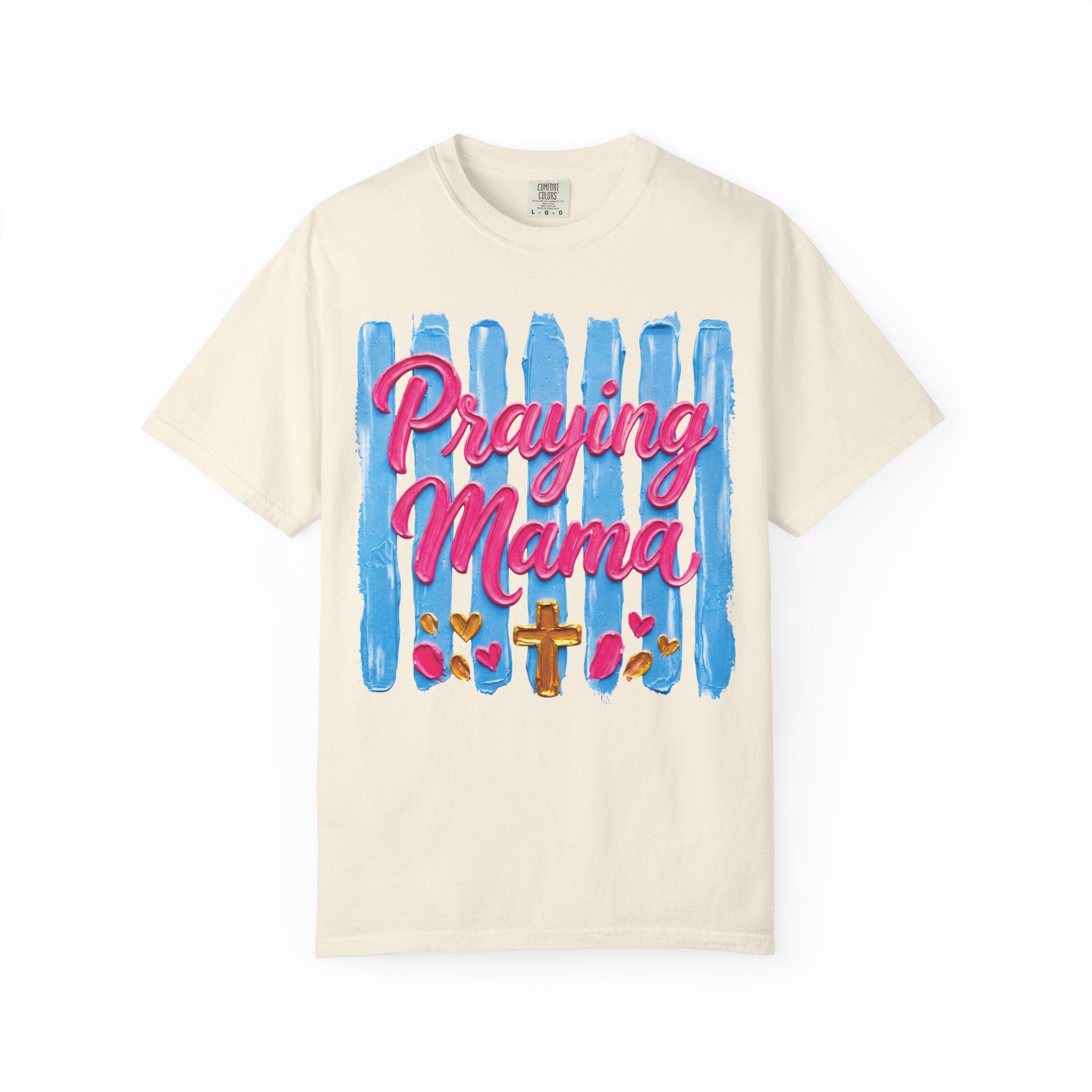 Praying Mama T-shirt | Christian Cross, Hearts, Blue Brushstroke