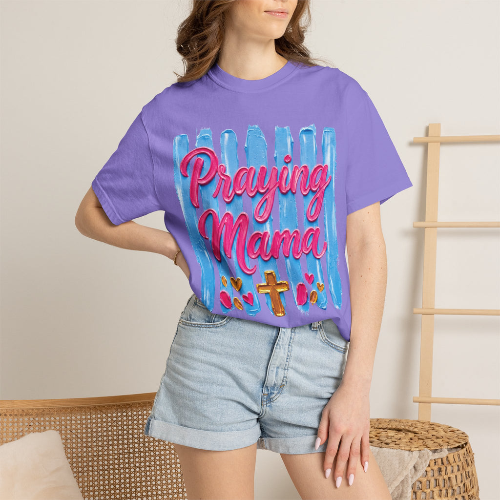 Praying Mama T-shirt | Christian Cross, Hearts, Blue Brushstroke