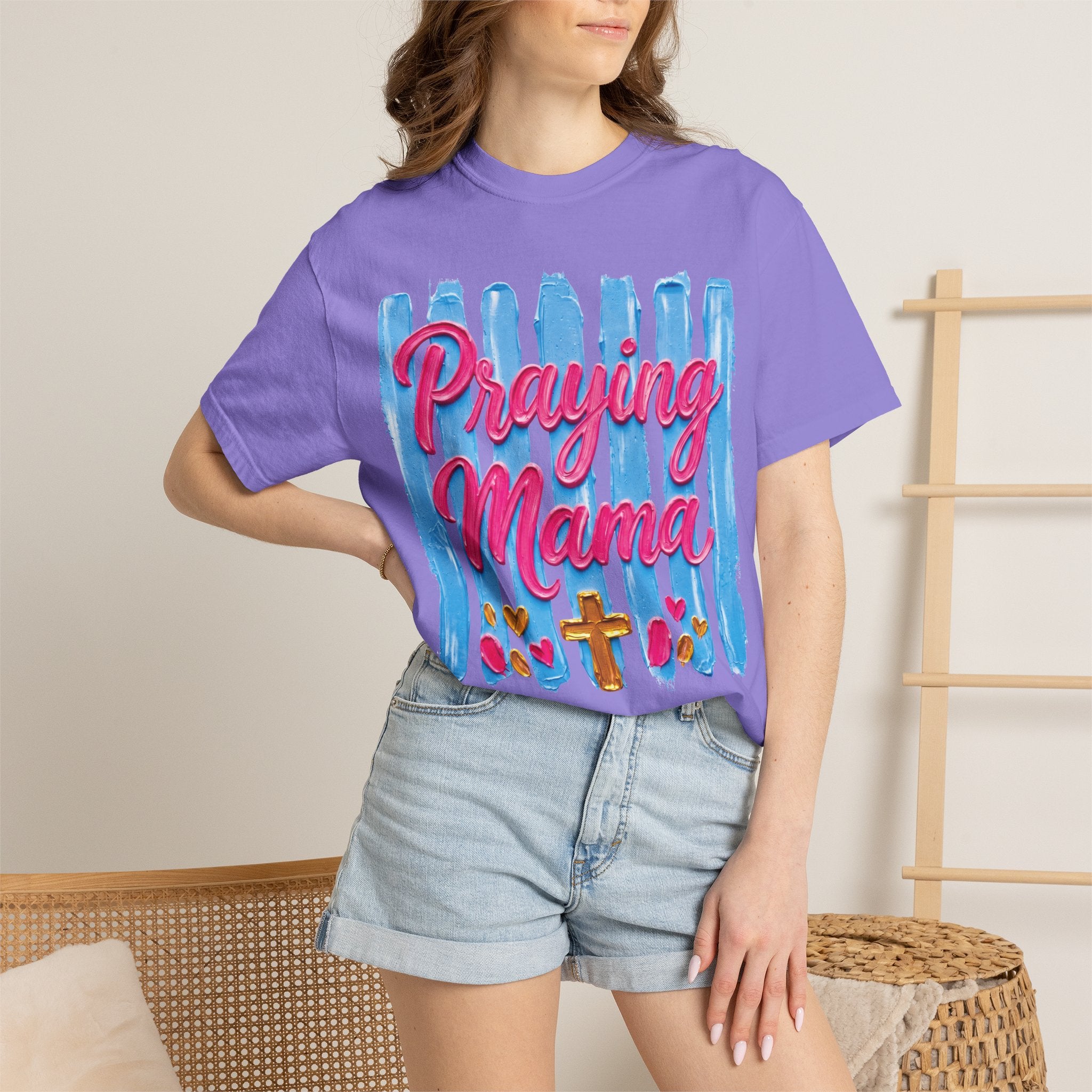Praying Mama T-shirt | Christian Cross, Hearts, Blue Brushstroke