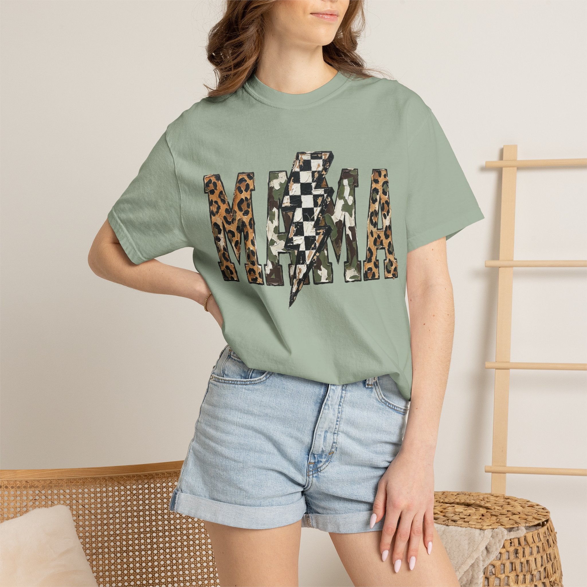 MAMA Lightning Bolt Leopard Check T-Shirt | Mama Tee
